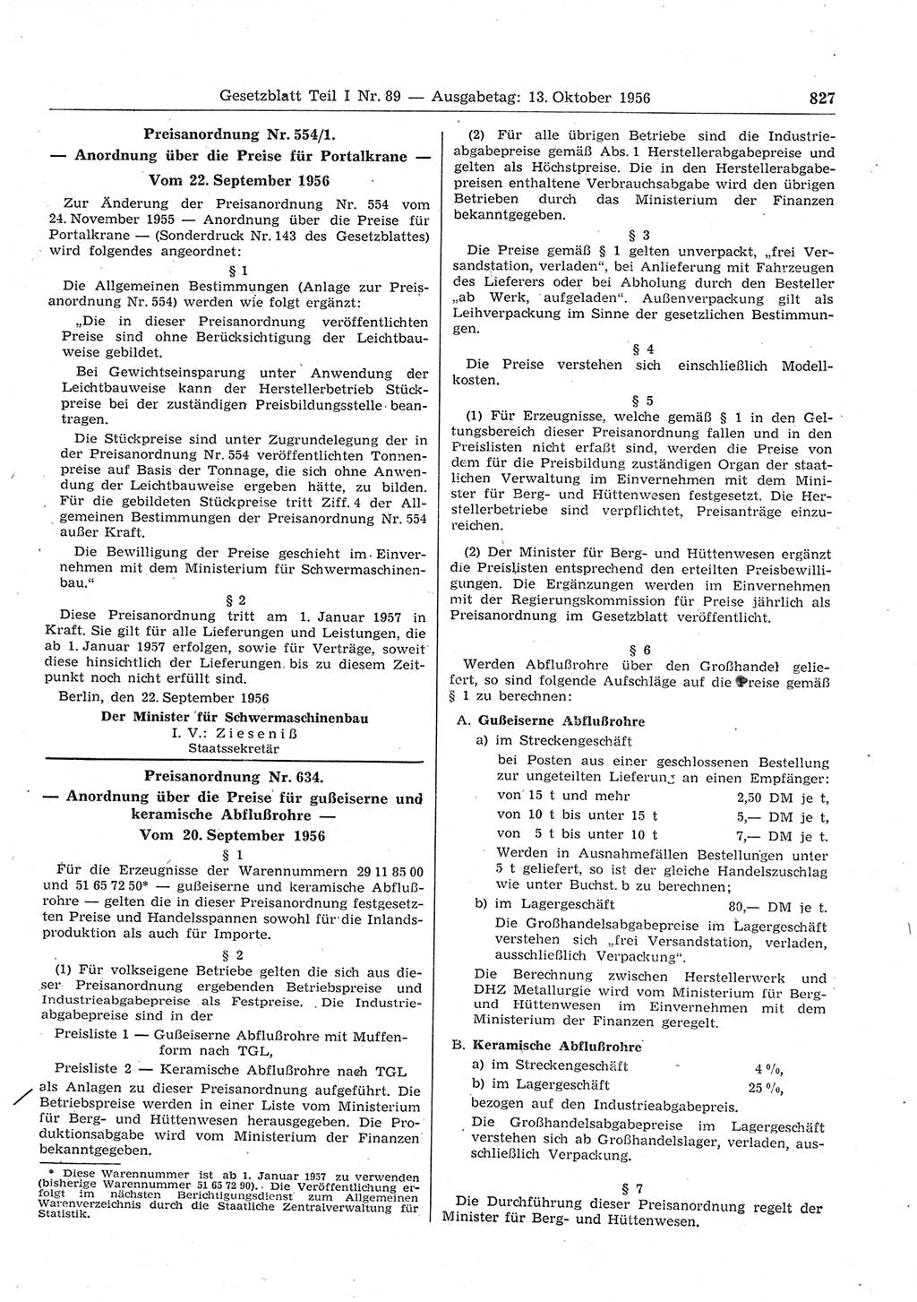 Gesetzblatt (GBl.) der Deutschen Demokratischen Republik (DDR) Teil Ⅰ 1956, Seite 827 (GBl. DDR Ⅰ 1956, S. 827)