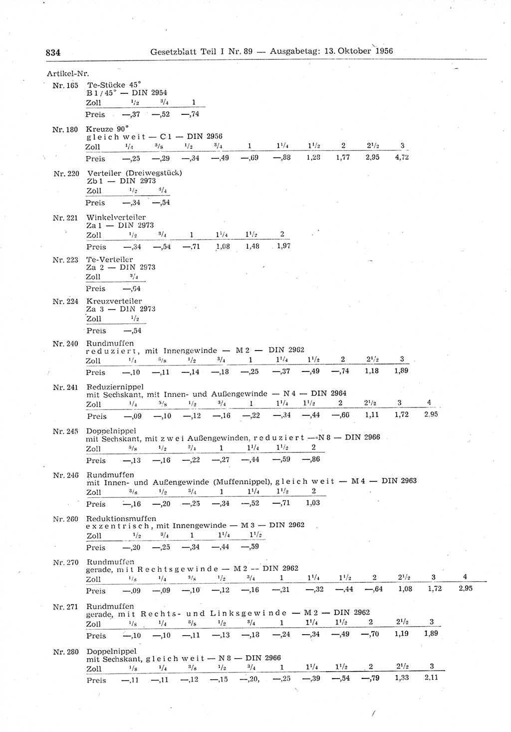 Gesetzblatt (GBl.) der Deutschen Demokratischen Republik (DDR) Teil Ⅰ 1956, Seite 834 (GBl. DDR Ⅰ 1956, S. 834)