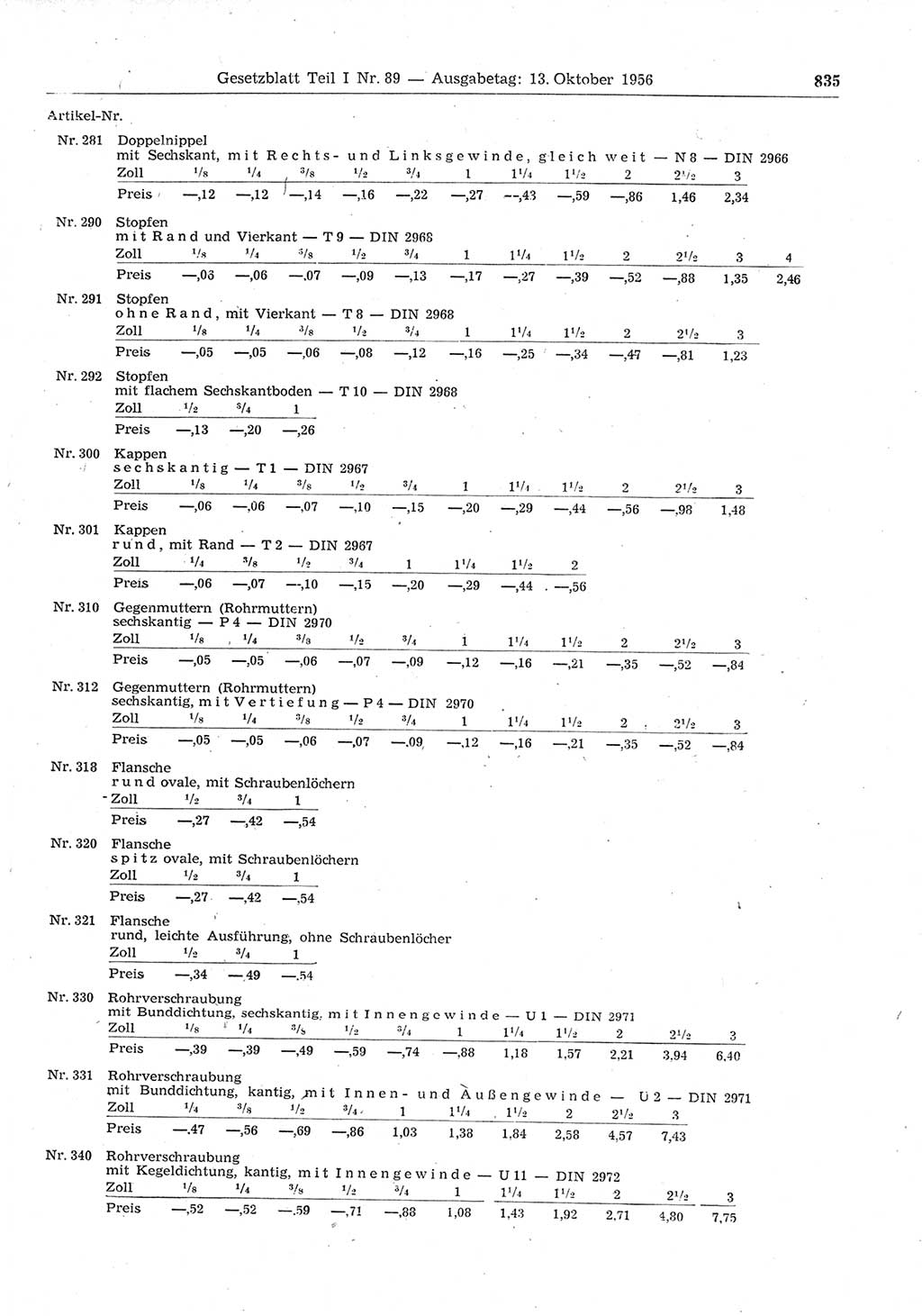 Gesetzblatt (GBl.) der Deutschen Demokratischen Republik (DDR) Teil Ⅰ 1956, Seite 835 (GBl. DDR Ⅰ 1956, S. 835)