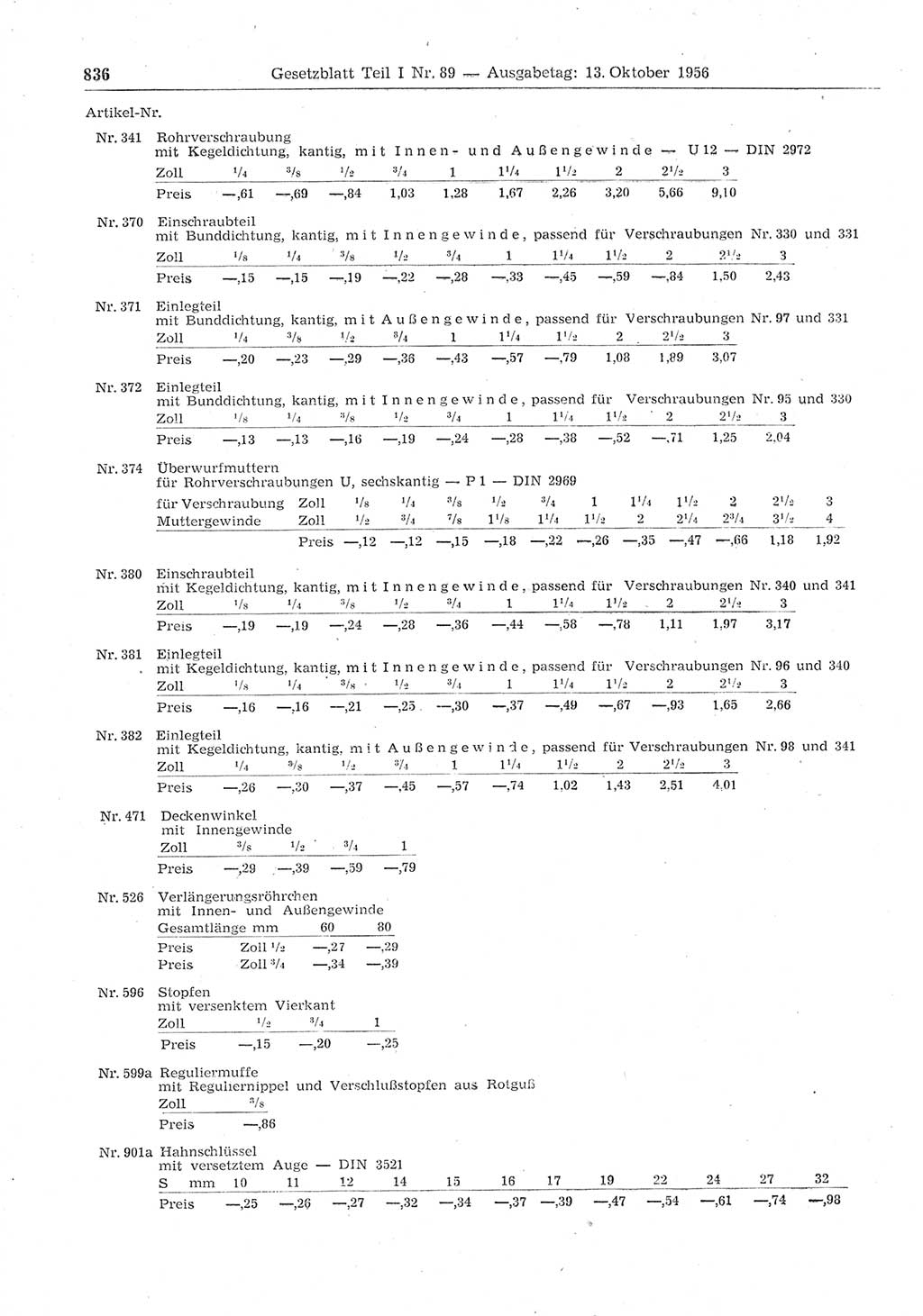 Gesetzblatt (GBl.) der Deutschen Demokratischen Republik (DDR) Teil Ⅰ 1956, Seite 836 (GBl. DDR Ⅰ 1956, S. 836)