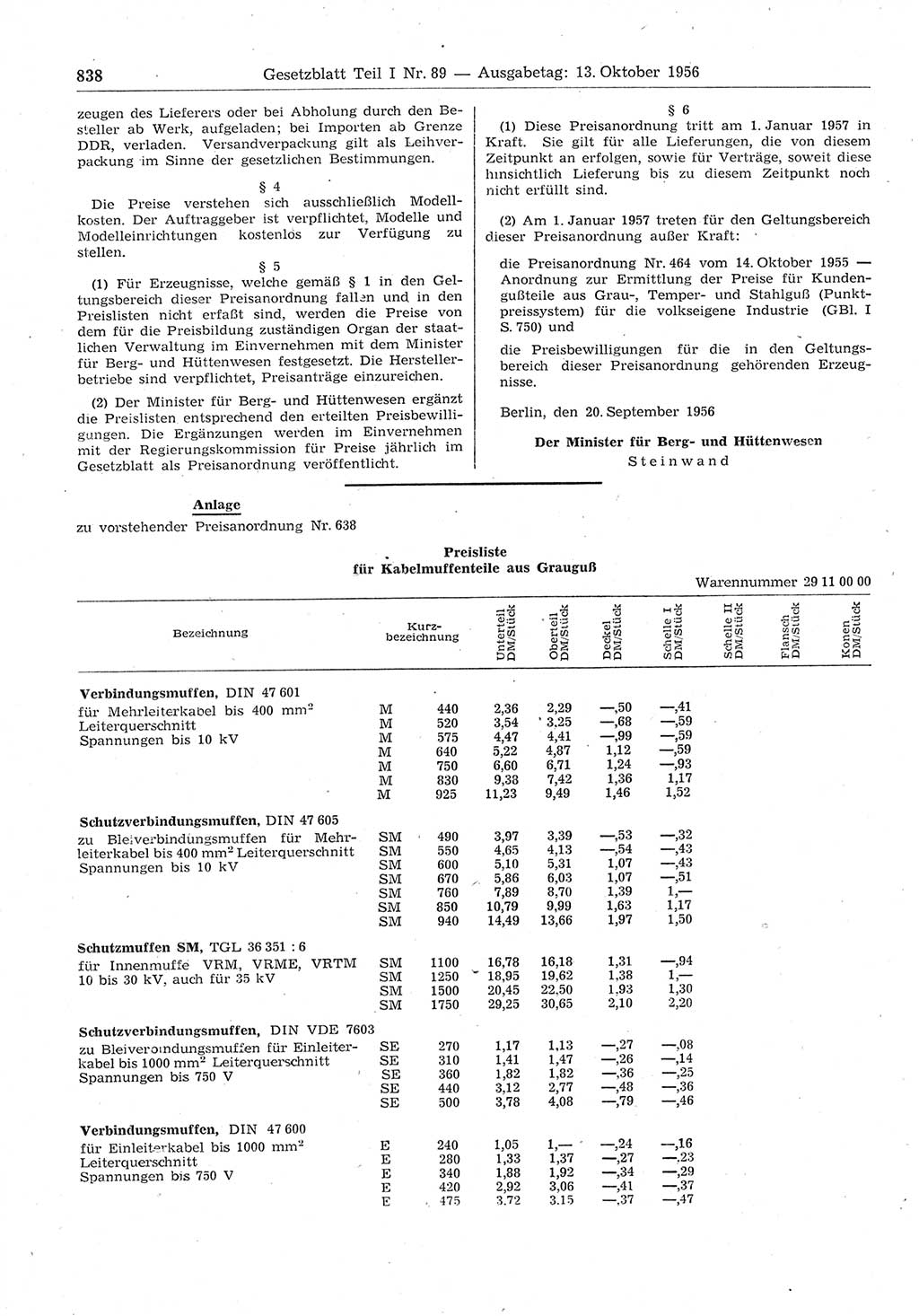 Gesetzblatt (GBl.) der Deutschen Demokratischen Republik (DDR) Teil Ⅰ 1956, Seite 838 (GBl. DDR Ⅰ 1956, S. 838)