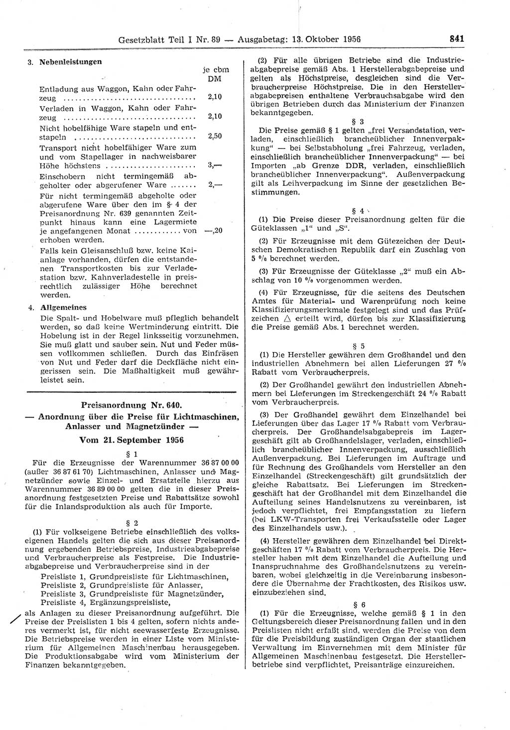 Gesetzblatt (GBl.) der Deutschen Demokratischen Republik (DDR) Teil Ⅰ 1956, Seite 841 (GBl. DDR Ⅰ 1956, S. 841)