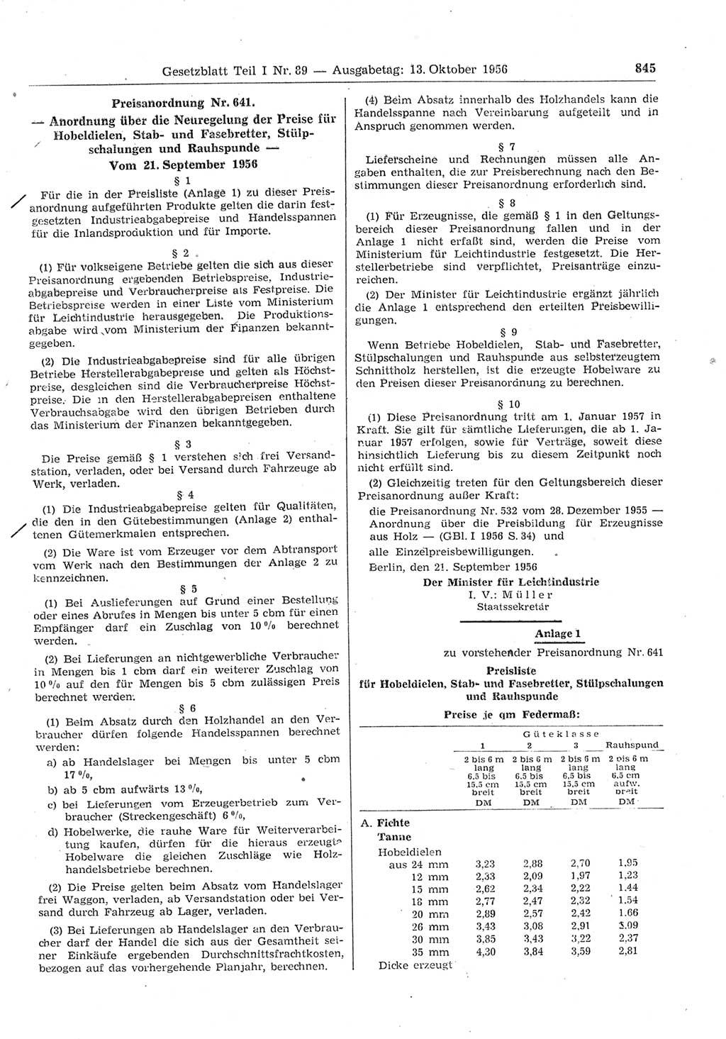 Gesetzblatt (GBl.) der Deutschen Demokratischen Republik (DDR) Teil Ⅰ 1956, Seite 845 (GBl. DDR Ⅰ 1956, S. 845)