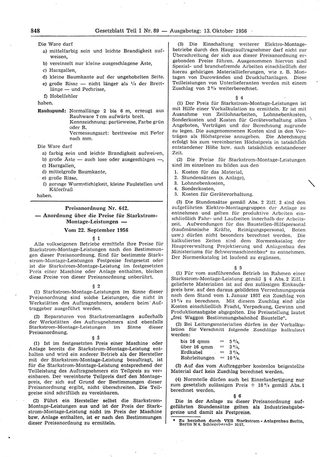 Gesetzblatt (GBl.) der Deutschen Demokratischen Republik (DDR) Teil Ⅰ 1956, Seite 848 (GBl. DDR Ⅰ 1956, S. 848)