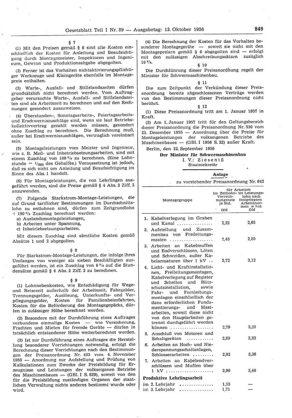 Gesetzblatt (GBl.) der Deutschen Demokratischen Republik (DDR) Teil Ⅰ 1956, Seite 849 (GBl. DDR Ⅰ 1956, S. 849)