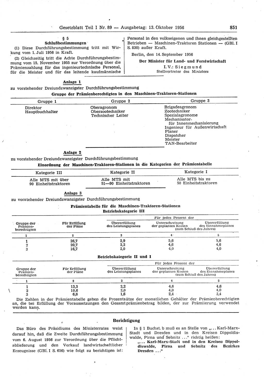 Gesetzblatt (GBl.) der Deutschen Demokratischen Republik (DDR) Teil Ⅰ 1956, Seite 851 (GBl. DDR Ⅰ 1956, S. 851)