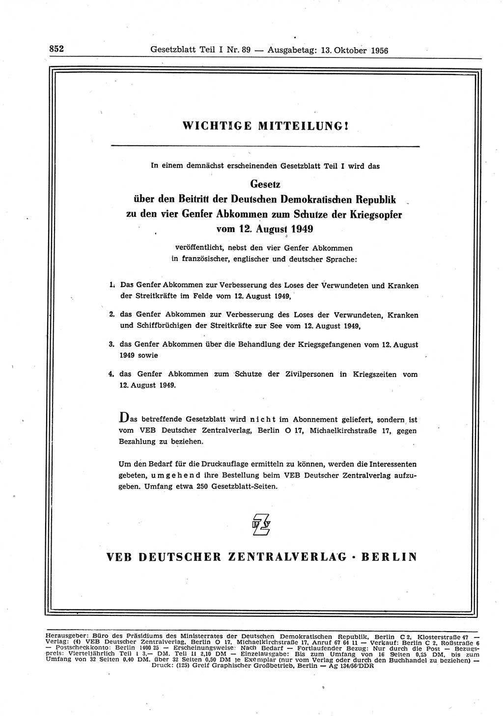 Gesetzblatt (GBl.) der Deutschen Demokratischen Republik (DDR) Teil Ⅰ 1956, Seite 852 (GBl. DDR Ⅰ 1956, S. 852)