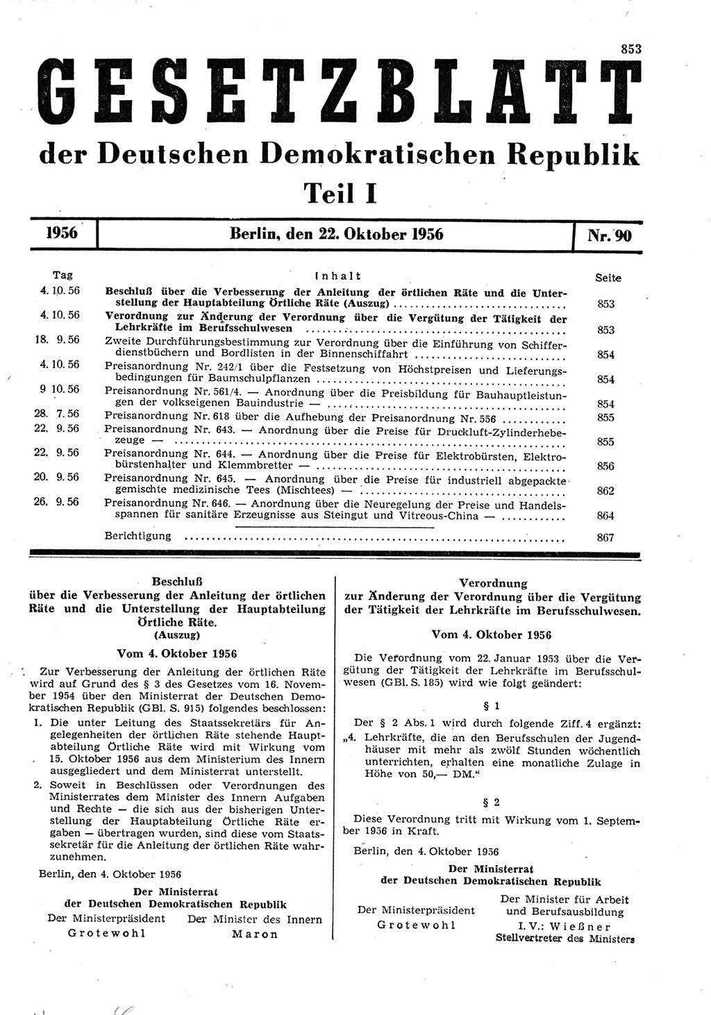 Gesetzblatt (GBl.) der Deutschen Demokratischen Republik (DDR) Teil Ⅰ 1956, Seite 853 (GBl. DDR Ⅰ 1956, S. 853)