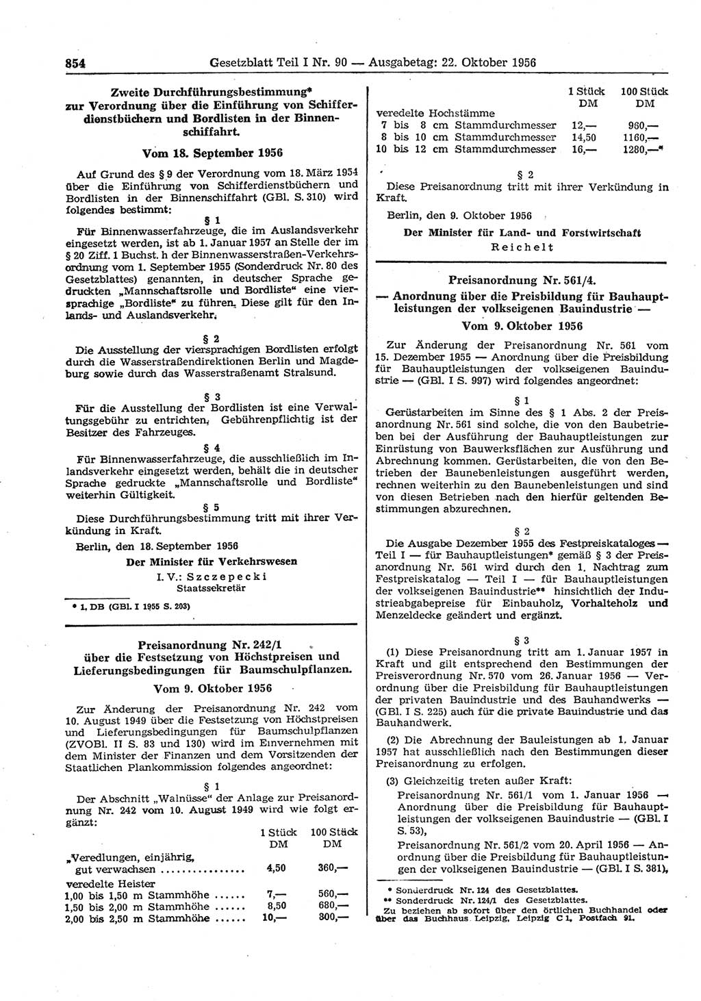 Gesetzblatt (GBl.) der Deutschen Demokratischen Republik (DDR) Teil Ⅰ 1956, Seite 854 (GBl. DDR Ⅰ 1956, S. 854)