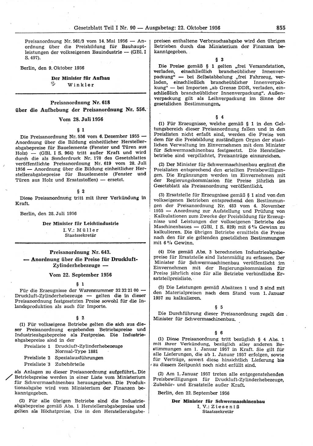 Gesetzblatt (GBl.) der Deutschen Demokratischen Republik (DDR) Teil Ⅰ 1956, Seite 855 (GBl. DDR Ⅰ 1956, S. 855)