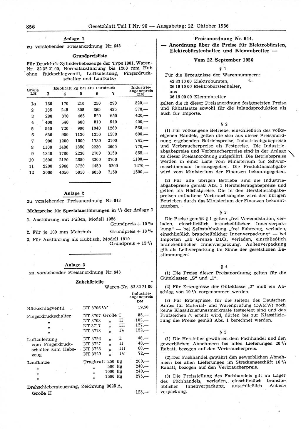 Gesetzblatt (GBl.) der Deutschen Demokratischen Republik (DDR) Teil Ⅰ 1956, Seite 856 (GBl. DDR Ⅰ 1956, S. 856)
