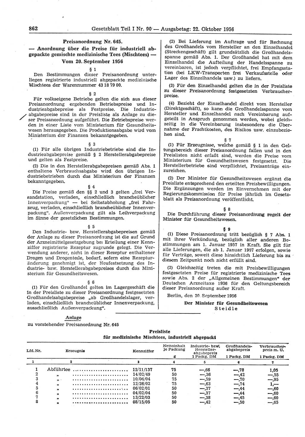 Gesetzblatt (GBl.) der Deutschen Demokratischen Republik (DDR) Teil Ⅰ 1956, Seite 862 (GBl. DDR Ⅰ 1956, S. 862)