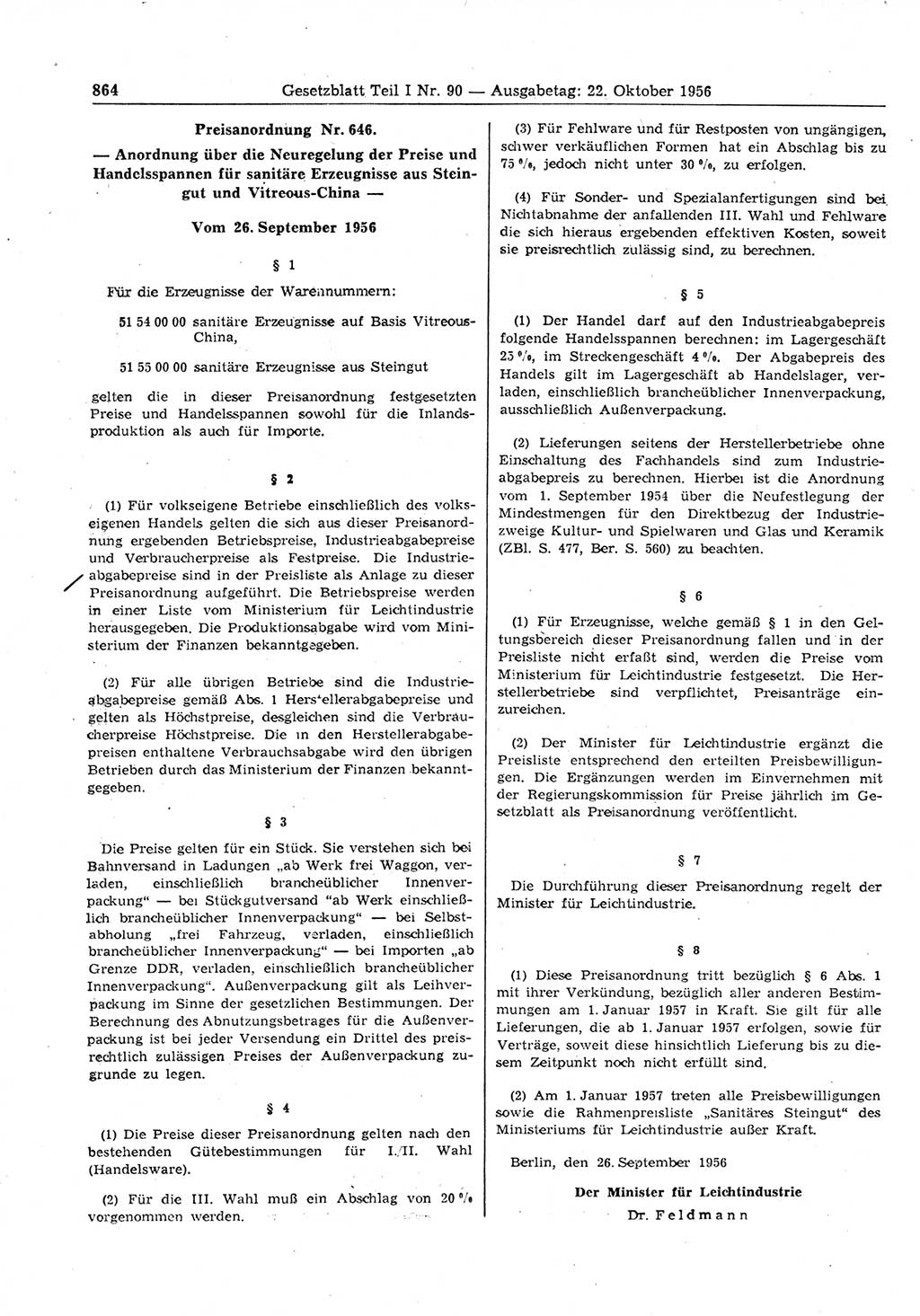 Gesetzblatt (GBl.) der Deutschen Demokratischen Republik (DDR) Teil Ⅰ 1956, Seite 864 (GBl. DDR Ⅰ 1956, S. 864)
