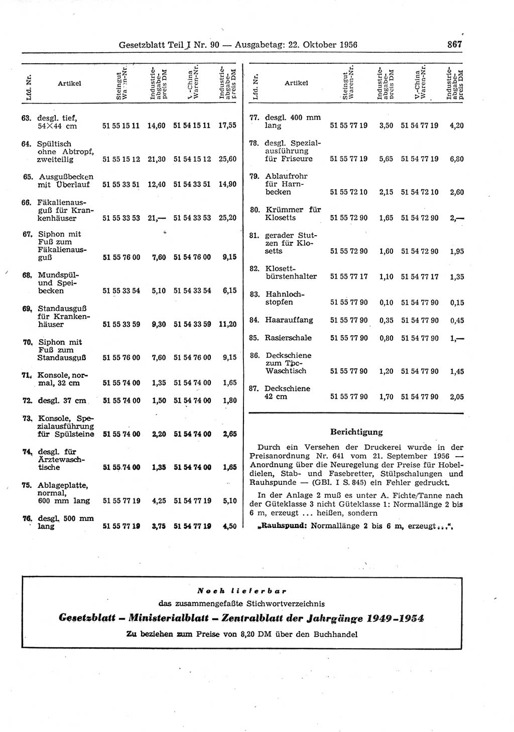 Gesetzblatt (GBl.) der Deutschen Demokratischen Republik (DDR) Teil Ⅰ 1956, Seite 867 (GBl. DDR Ⅰ 1956, S. 867)