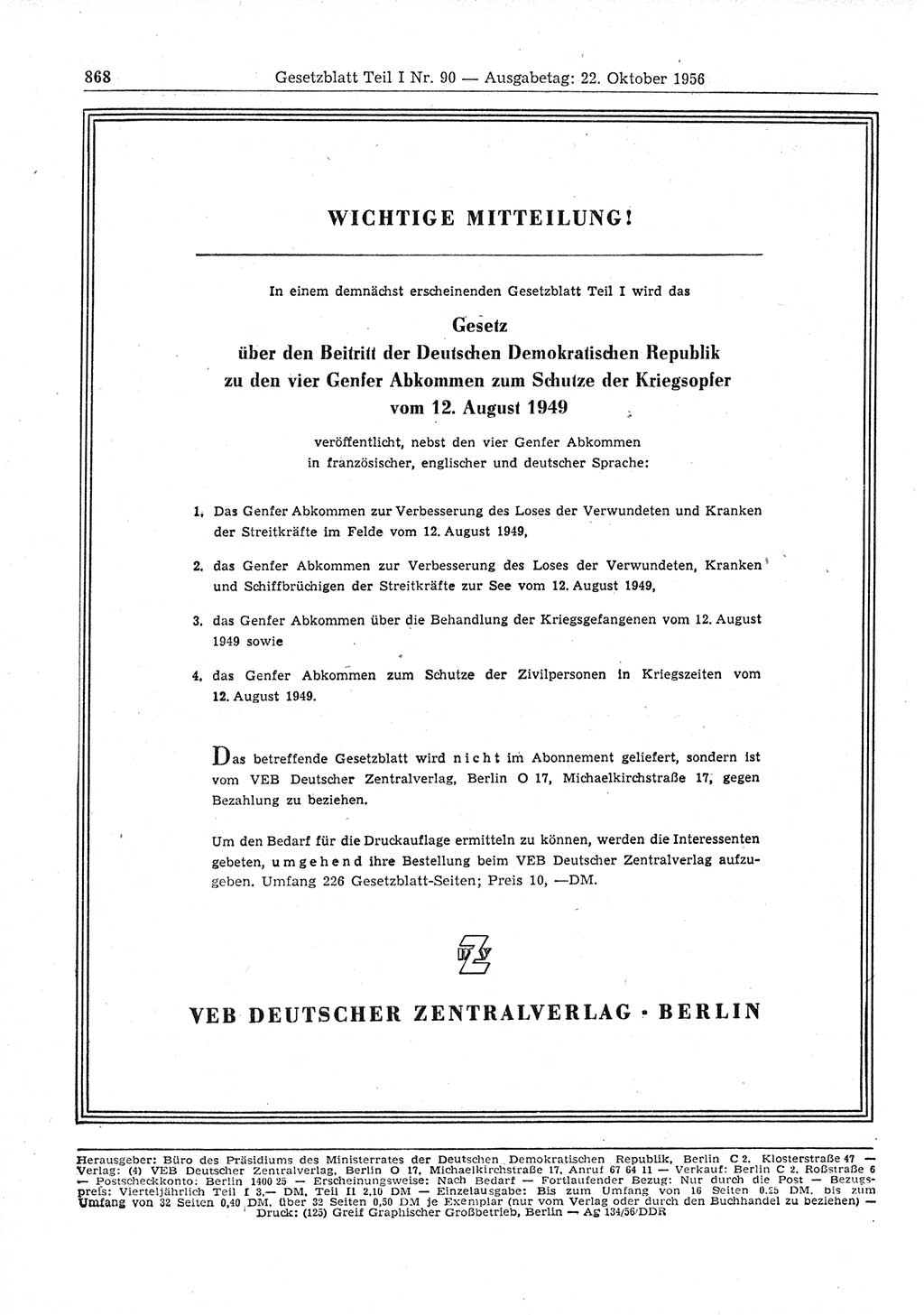 Gesetzblatt (GBl.) der Deutschen Demokratischen Republik (DDR) Teil Ⅰ 1956, Seite 868 (GBl. DDR Ⅰ 1956, S. 868)