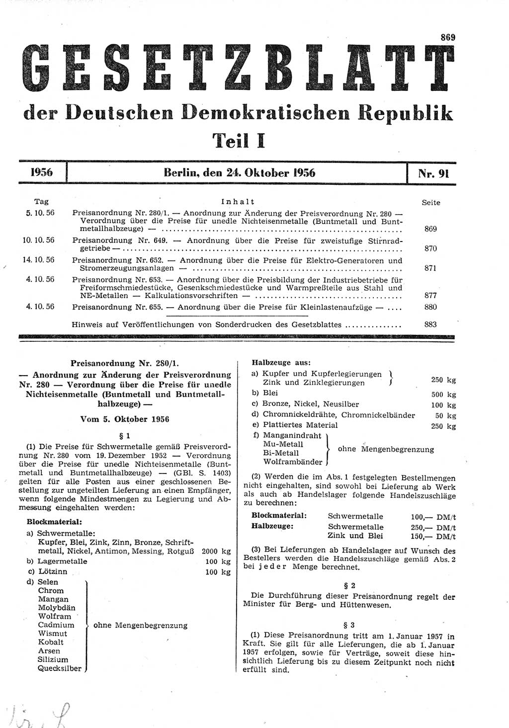 Gesetzblatt (GBl.) der Deutschen Demokratischen Republik (DDR) Teil Ⅰ 1956, Seite 869 (GBl. DDR Ⅰ 1956, S. 869)