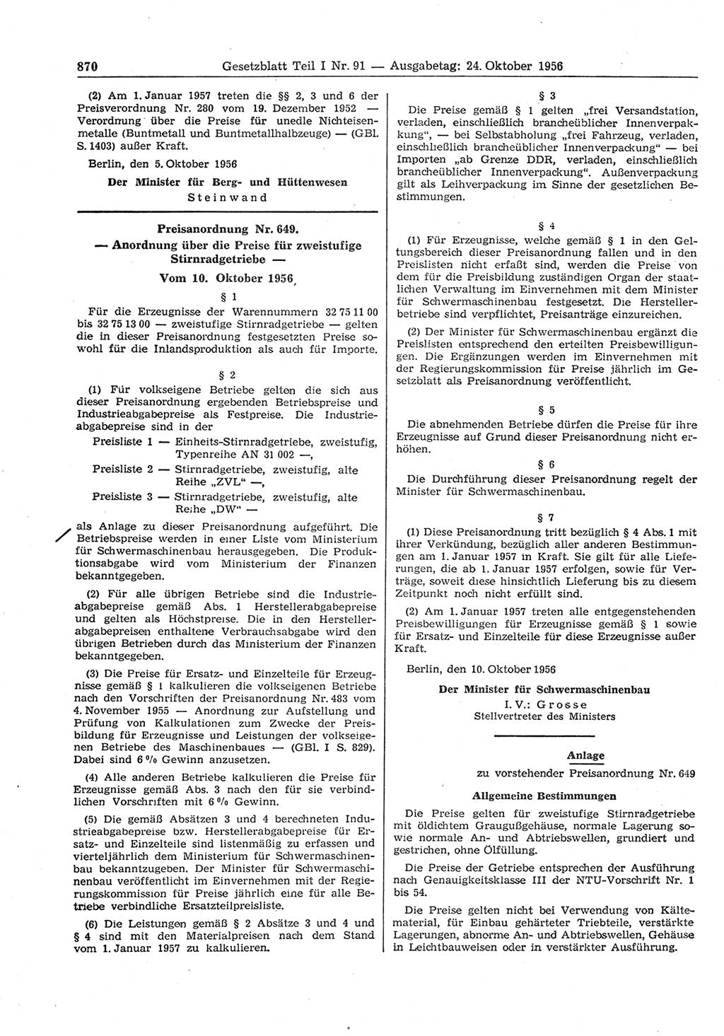 Gesetzblatt (GBl.) der Deutschen Demokratischen Republik (DDR) Teil Ⅰ 1956, Seite 870 (GBl. DDR Ⅰ 1956, S. 870)
