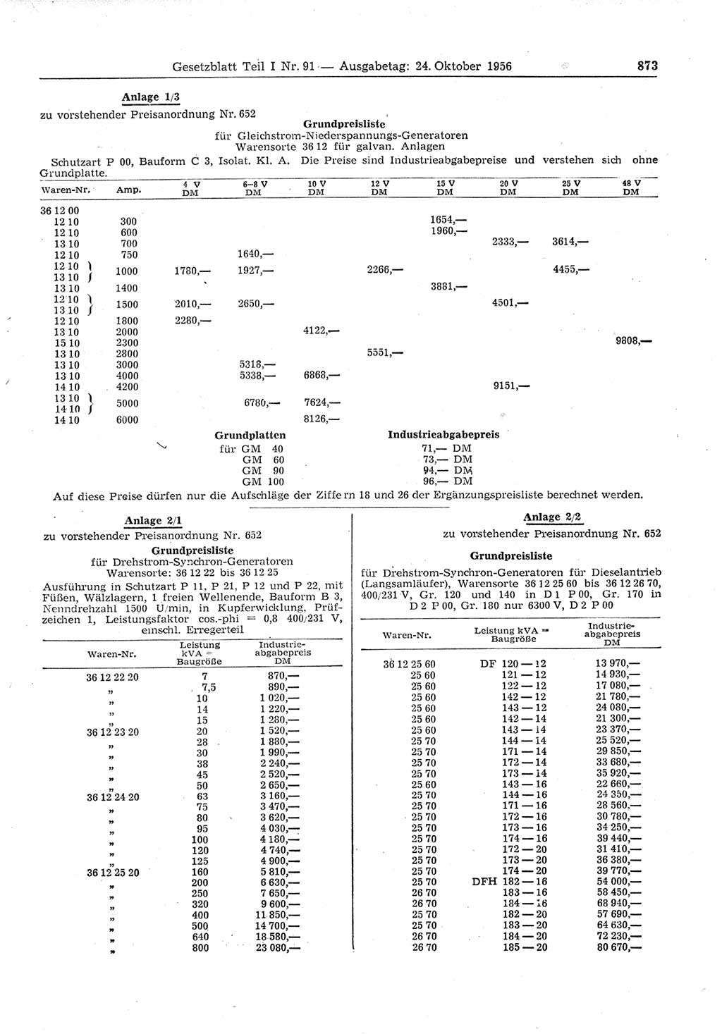 Gesetzblatt (GBl.) der Deutschen Demokratischen Republik (DDR) Teil Ⅰ 1956, Seite 873 (GBl. DDR Ⅰ 1956, S. 873)