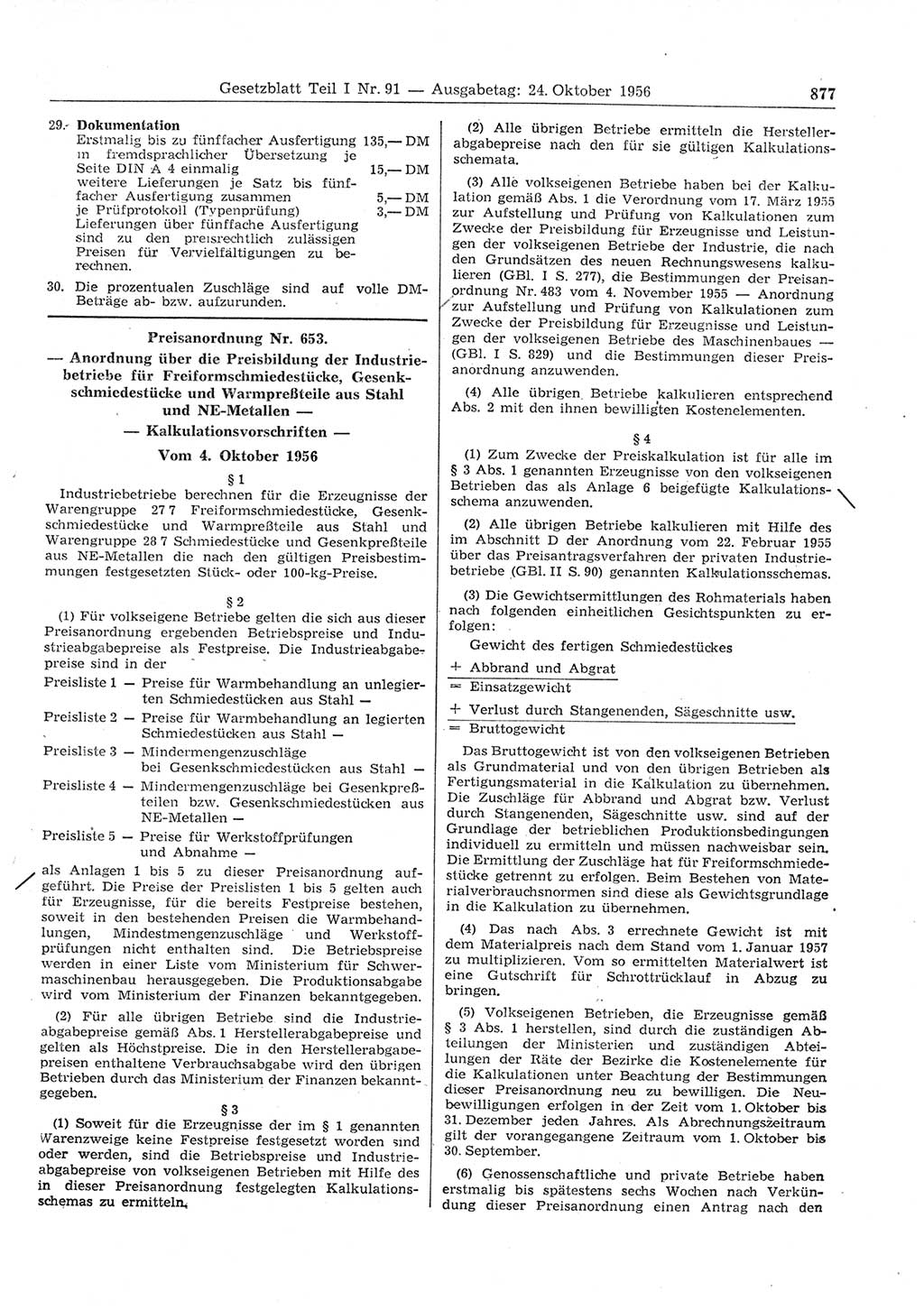 Gesetzblatt (GBl.) der Deutschen Demokratischen Republik (DDR) Teil Ⅰ 1956, Seite 877 (GBl. DDR Ⅰ 1956, S. 877)