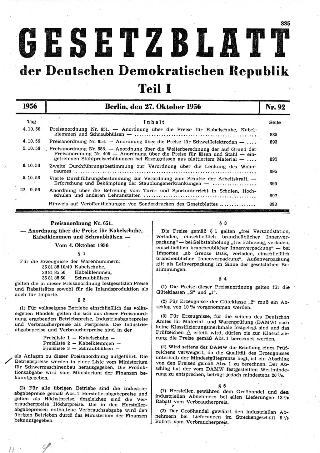 Gesetzblatt (GBl.) der Deutschen Demokratischen Republik (DDR) Teil Ⅰ 1956, Seite 885 (GBl. DDR Ⅰ 1956, S. 885)