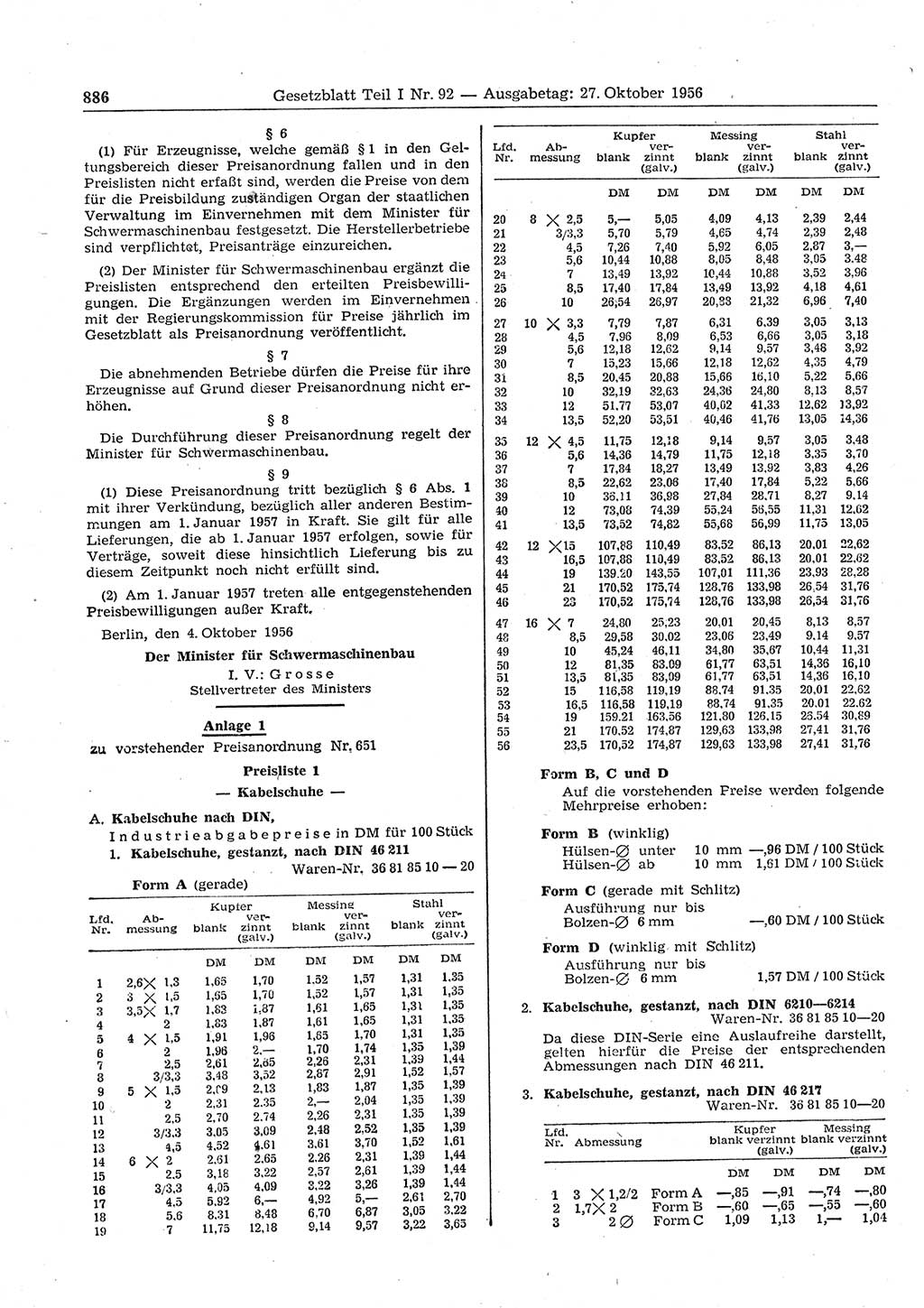 Gesetzblatt (GBl.) der Deutschen Demokratischen Republik (DDR) Teil Ⅰ 1956, Seite 886 (GBl. DDR Ⅰ 1956, S. 886)