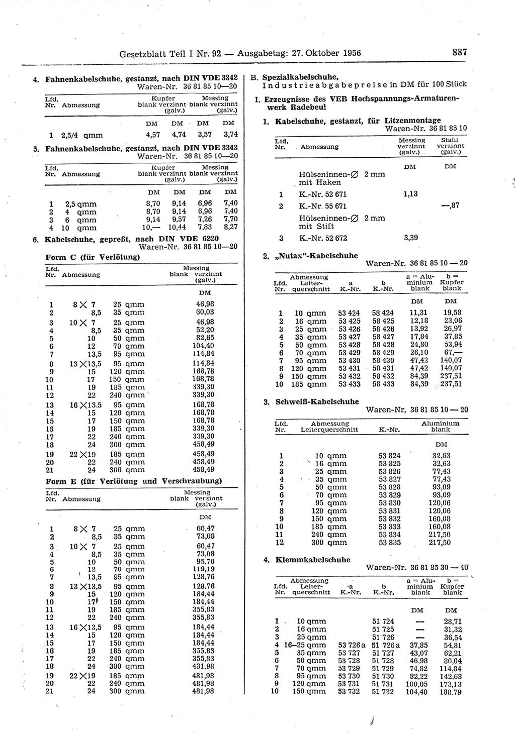 Gesetzblatt (GBl.) der Deutschen Demokratischen Republik (DDR) Teil Ⅰ 1956, Seite 887 (GBl. DDR Ⅰ 1956, S. 887)