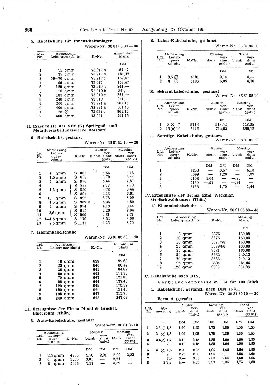 Gesetzblatt (GBl.) der Deutschen Demokratischen Republik (DDR) Teil Ⅰ 1956, Seite 888 (GBl. DDR Ⅰ 1956, S. 888)