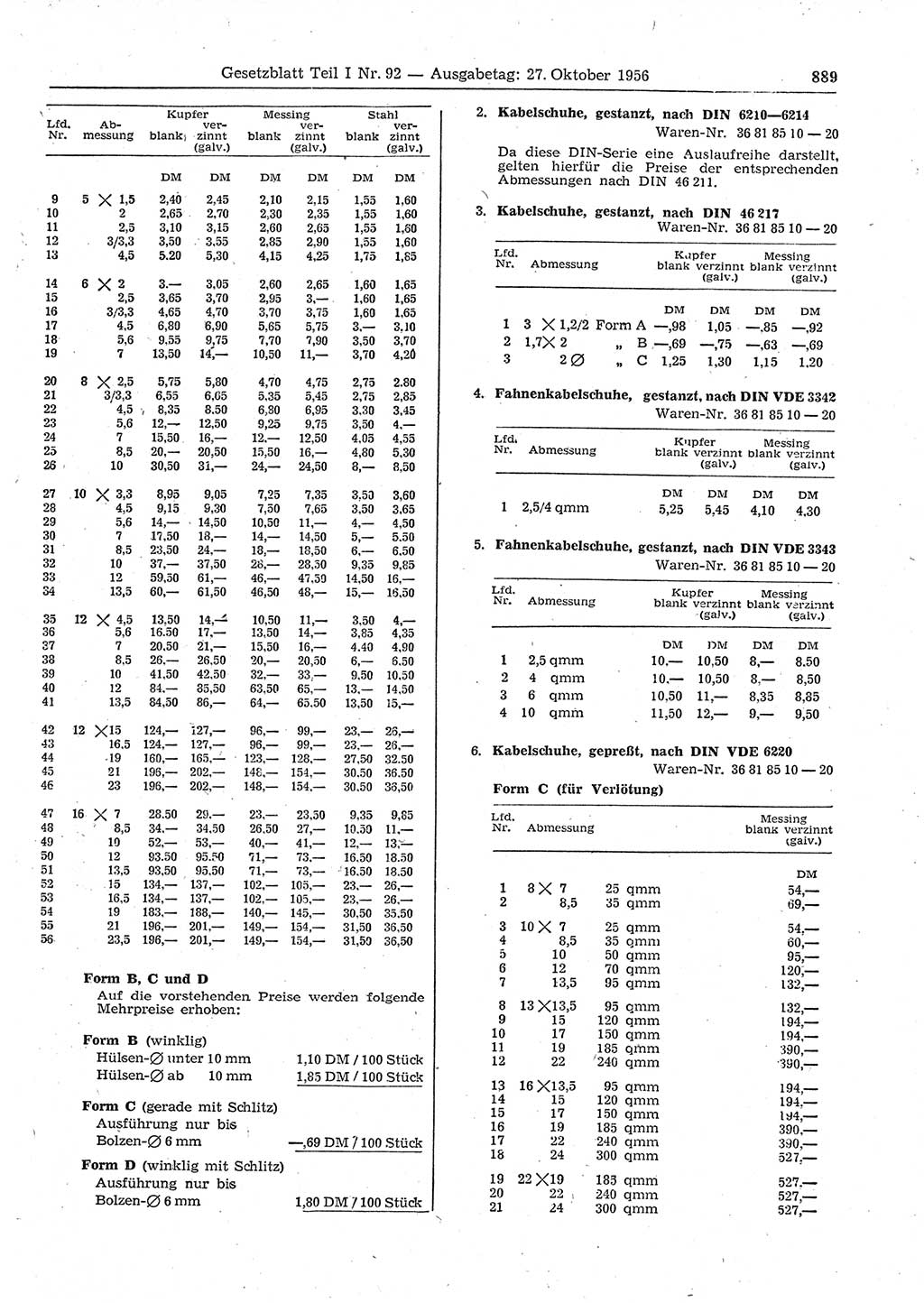 Gesetzblatt (GBl.) der Deutschen Demokratischen Republik (DDR) Teil Ⅰ 1956, Seite 889 (GBl. DDR Ⅰ 1956, S. 889)