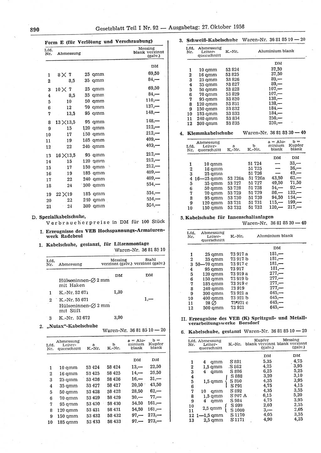Gesetzblatt (GBl.) der Deutschen Demokratischen Republik (DDR) Teil Ⅰ 1956, Seite 890 (GBl. DDR Ⅰ 1956, S. 890)