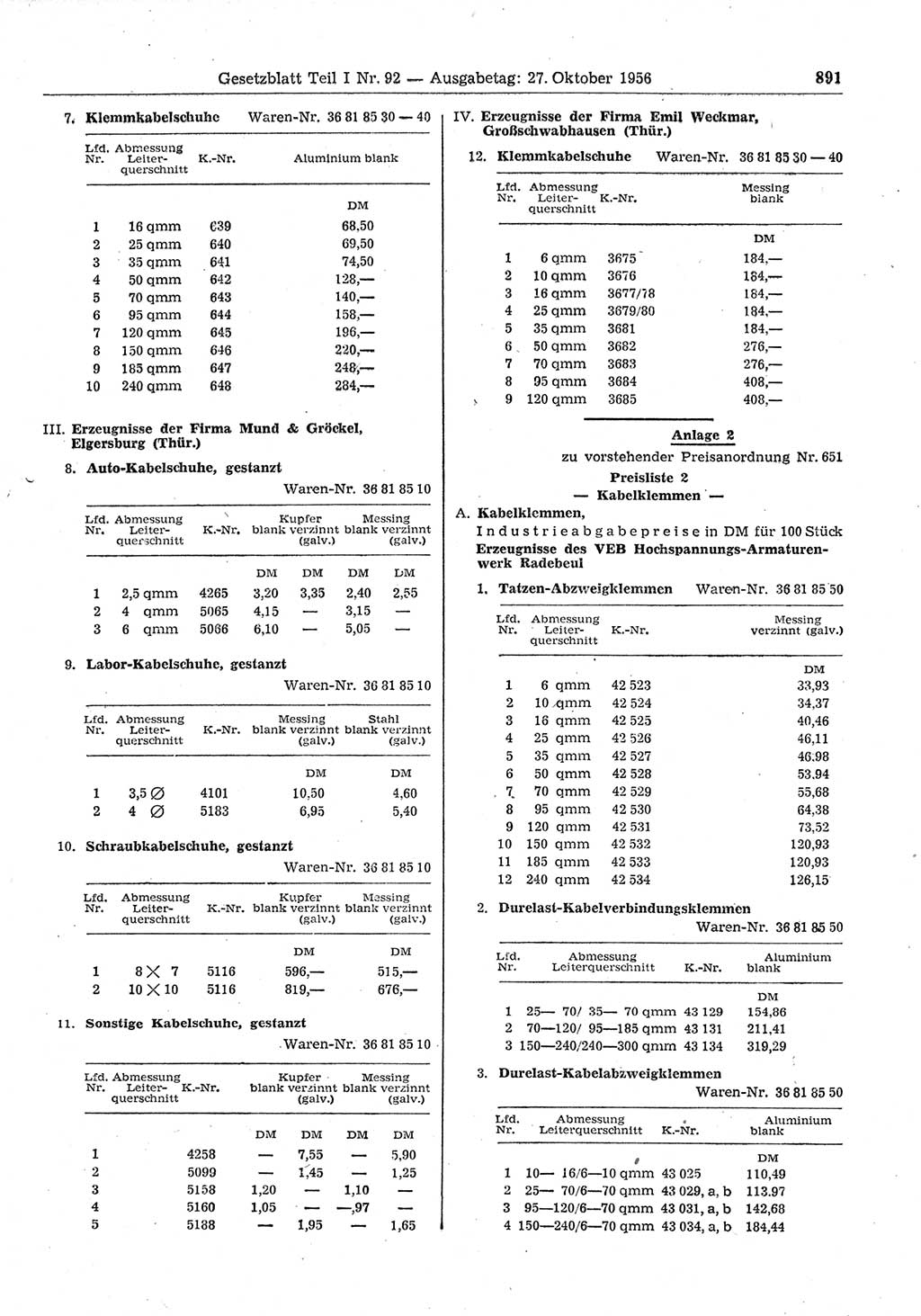 Gesetzblatt (GBl.) der Deutschen Demokratischen Republik (DDR) Teil Ⅰ 1956, Seite 891 (GBl. DDR Ⅰ 1956, S. 891)