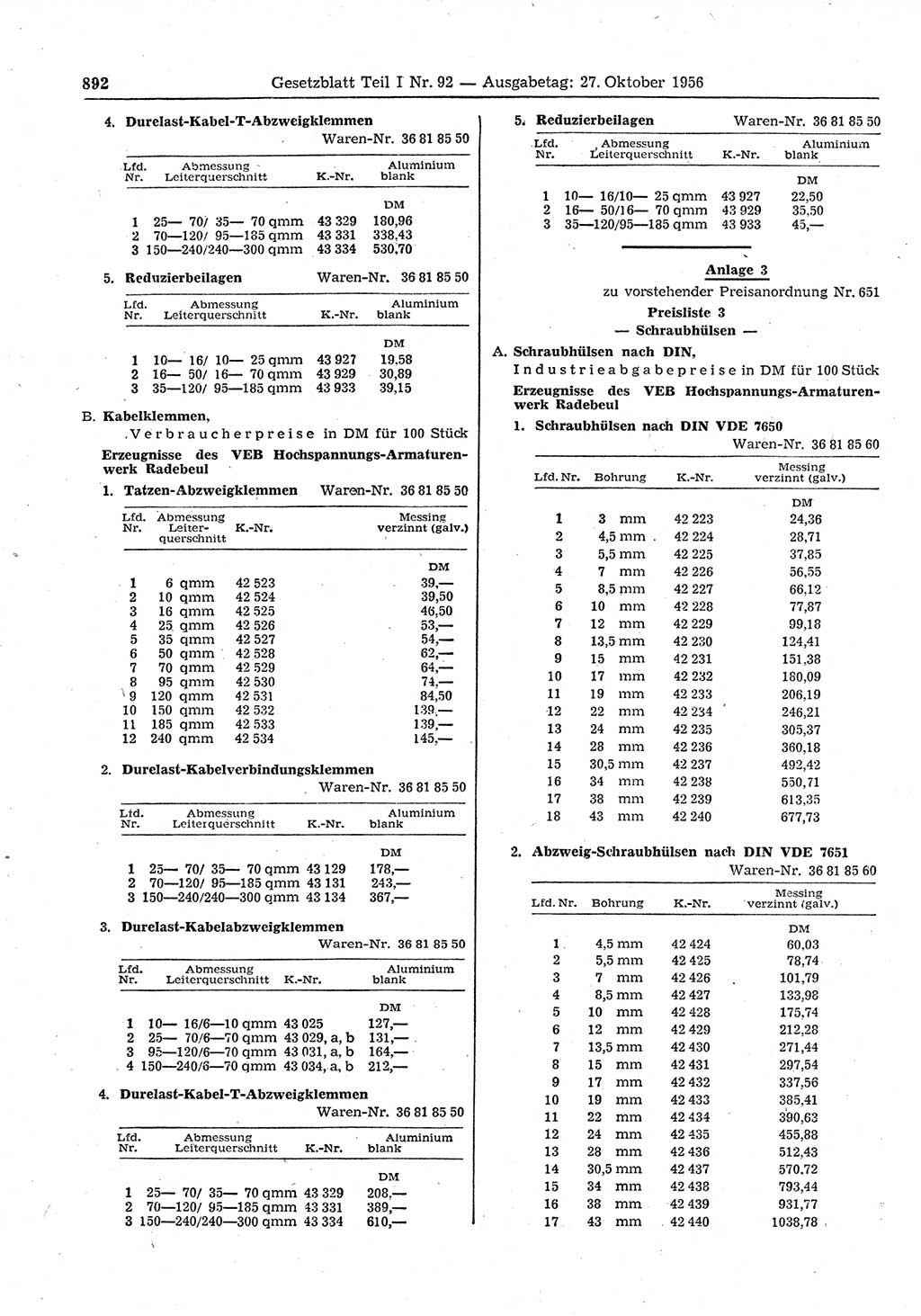 Gesetzblatt (GBl.) der Deutschen Demokratischen Republik (DDR) Teil Ⅰ 1956, Seite 892 (GBl. DDR Ⅰ 1956, S. 892)