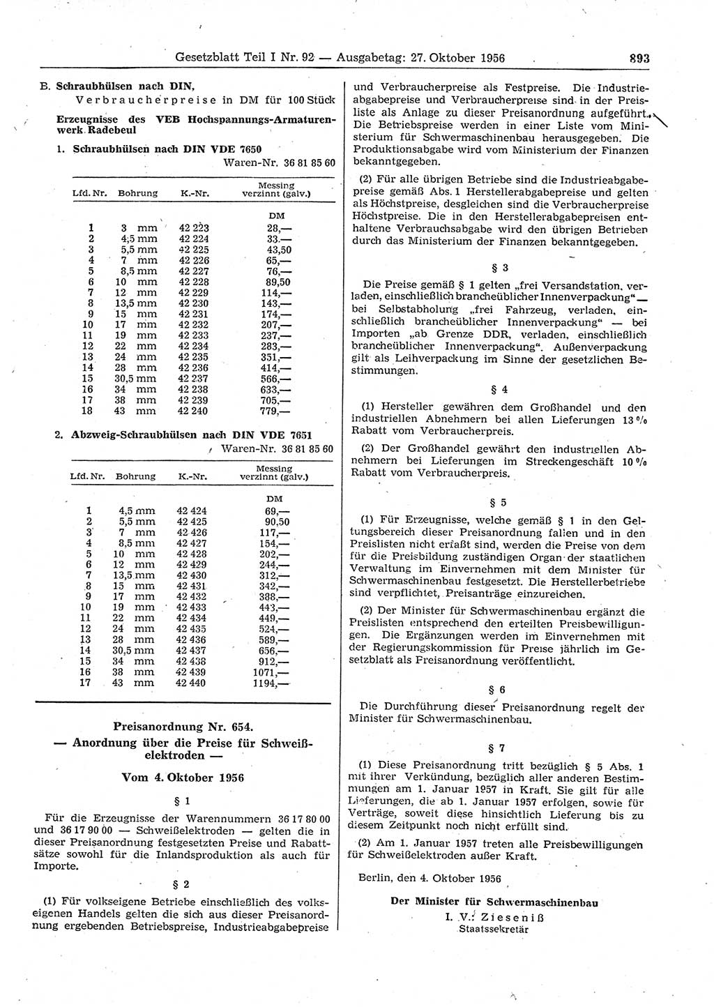 Gesetzblatt (GBl.) der Deutschen Demokratischen Republik (DDR) Teil Ⅰ 1956, Seite 893 (GBl. DDR Ⅰ 1956, S. 893)