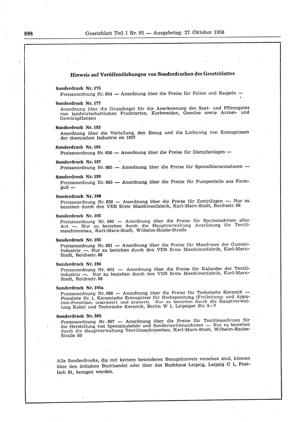 Gesetzblatt (GBl.) der Deutschen Demokratischen Republik (DDR) Teil Ⅰ 1956, Seite 898 (GBl. DDR Ⅰ 1956, S. 898)