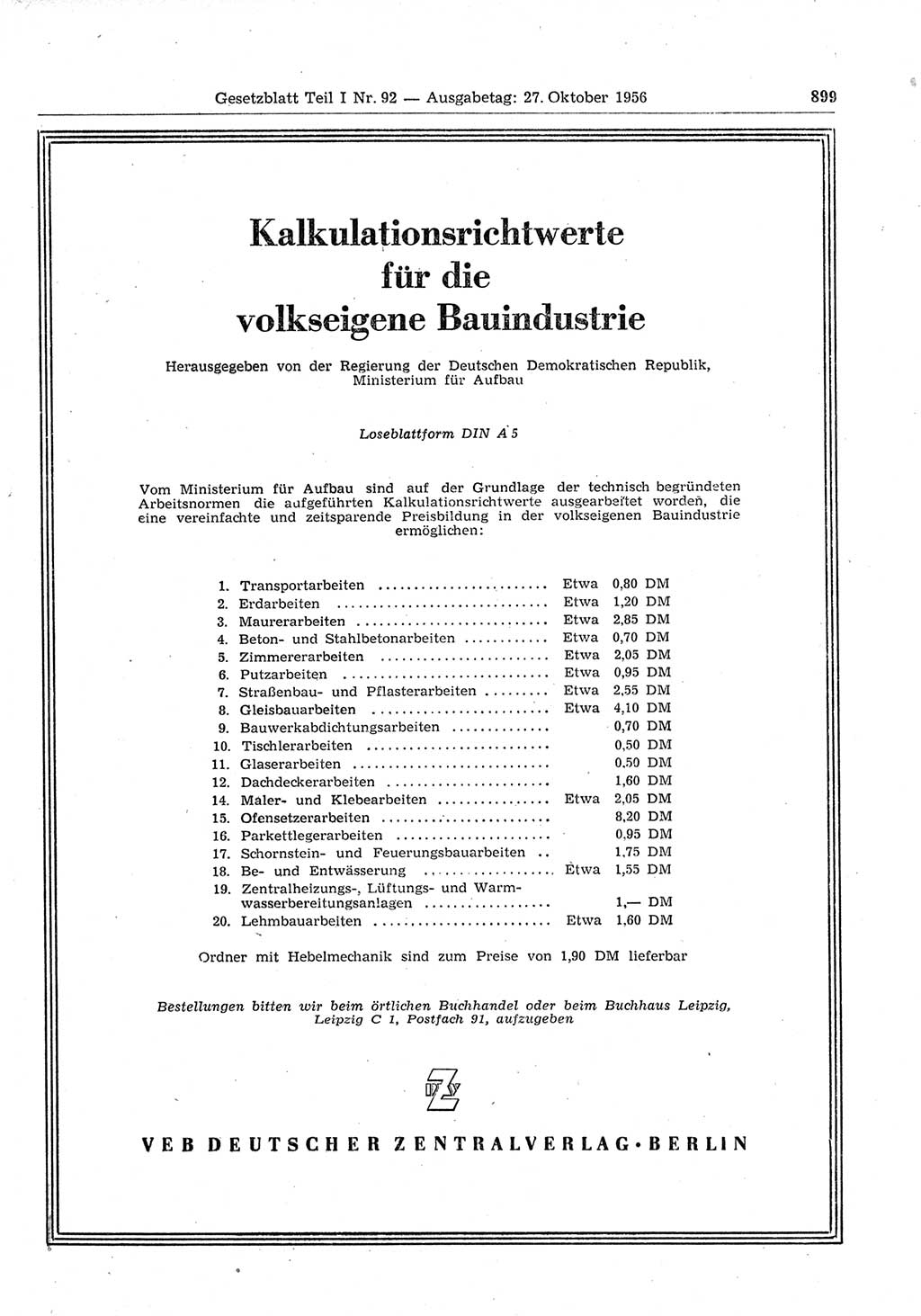 Gesetzblatt (GBl.) der Deutschen Demokratischen Republik (DDR) Teil Ⅰ 1956, Seite 899 (GBl. DDR Ⅰ 1956, S. 899)