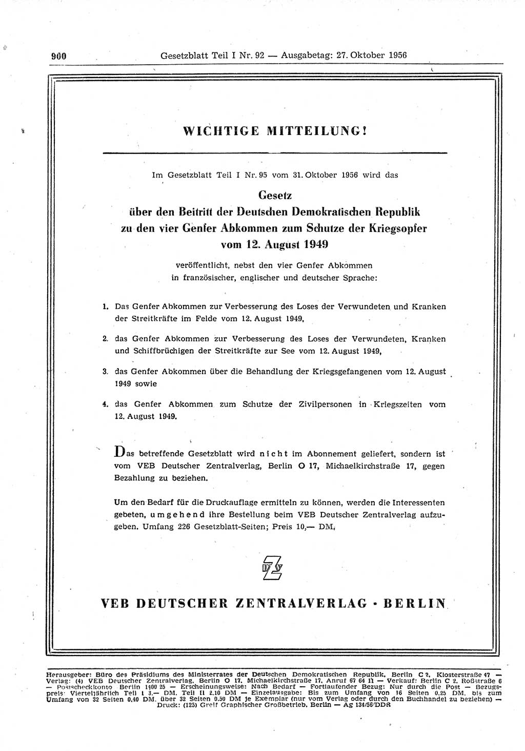 Gesetzblatt (GBl.) der Deutschen Demokratischen Republik (DDR) Teil Ⅰ 1956, Seite 900 (GBl. DDR Ⅰ 1956, S. 900)