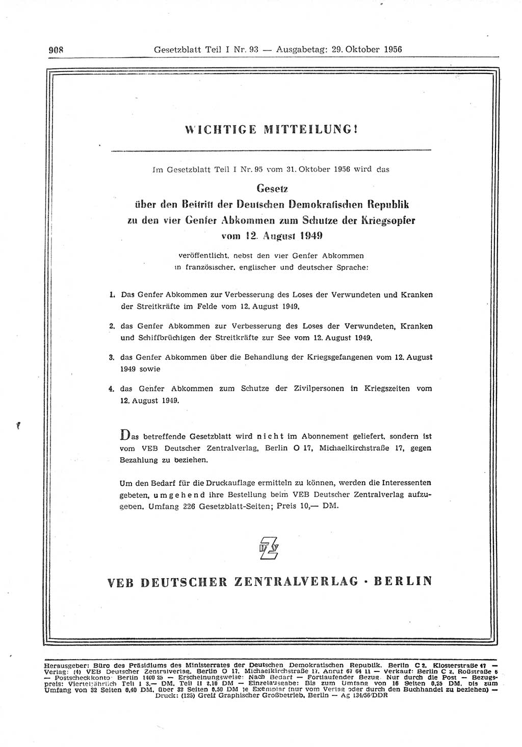 Gesetzblatt (GBl.) der Deutschen Demokratischen Republik (DDR) Teil Ⅰ 1956, Seite 908 (GBl. DDR Ⅰ 1956, S. 908)