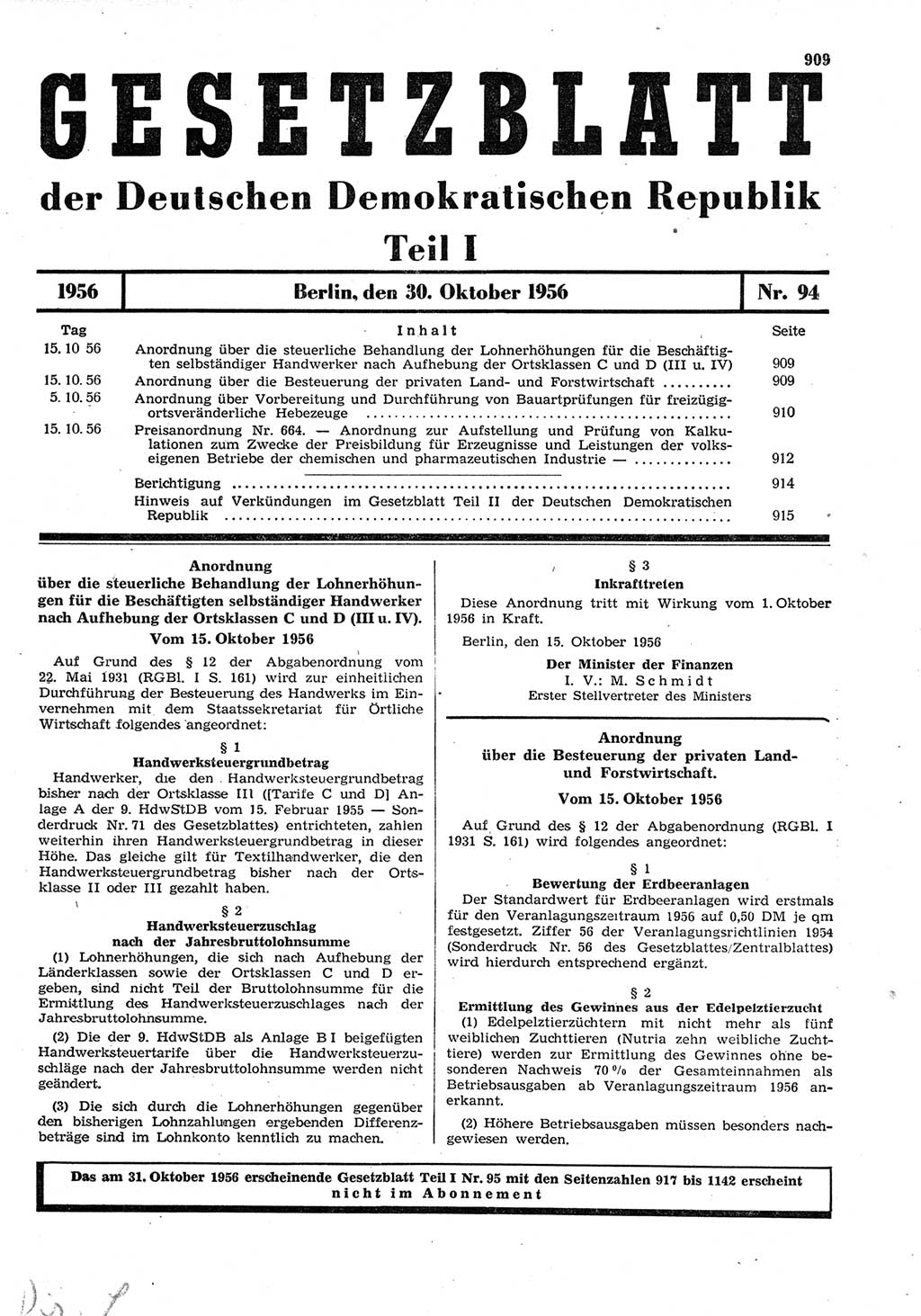 Gesetzblatt (GBl.) der Deutschen Demokratischen Republik (DDR) Teil Ⅰ 1956, Seite 909 (GBl. DDR Ⅰ 1956, S. 909)