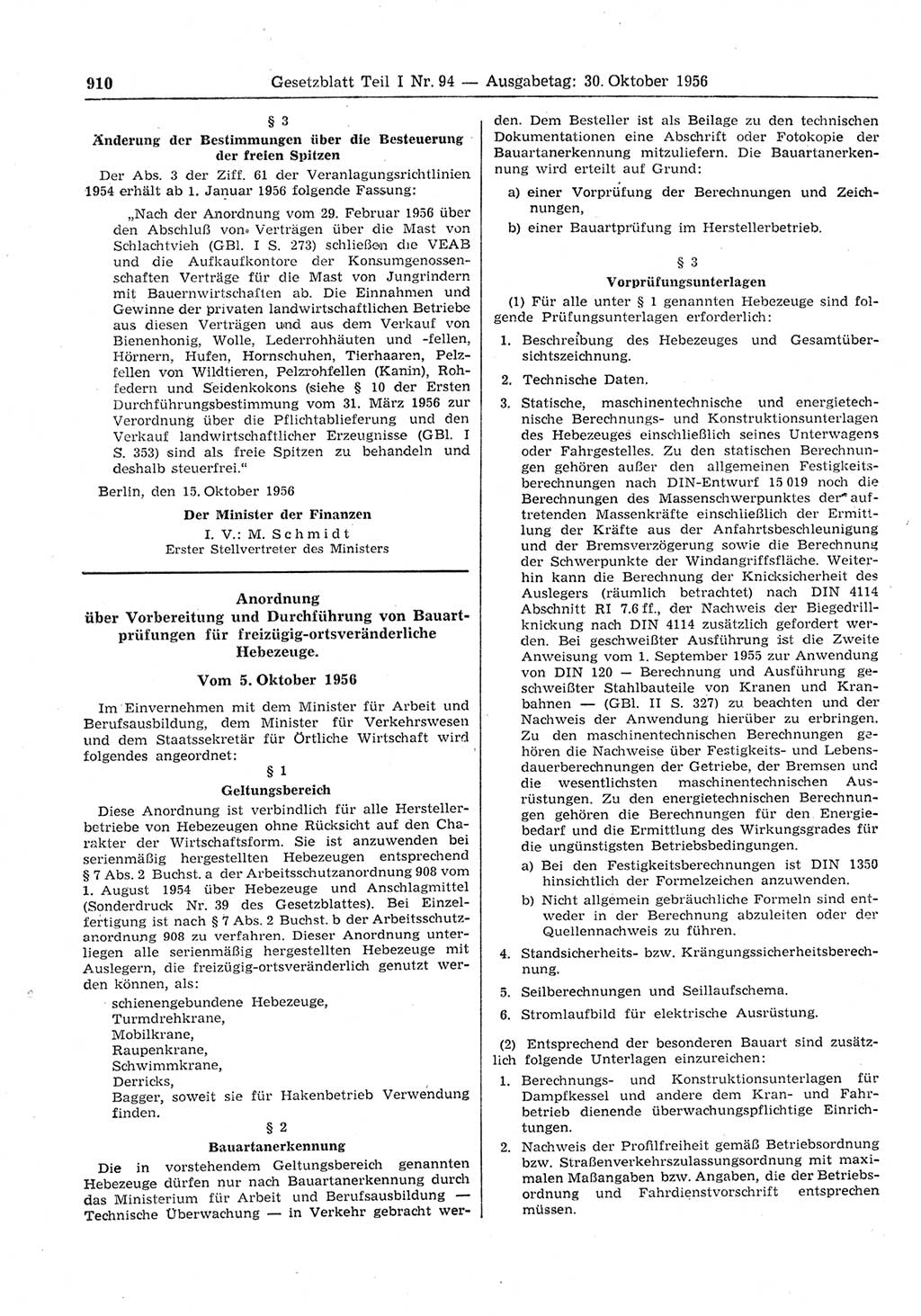 Gesetzblatt (GBl.) der Deutschen Demokratischen Republik (DDR) Teil Ⅰ 1956, Seite 910 (GBl. DDR Ⅰ 1956, S. 910)