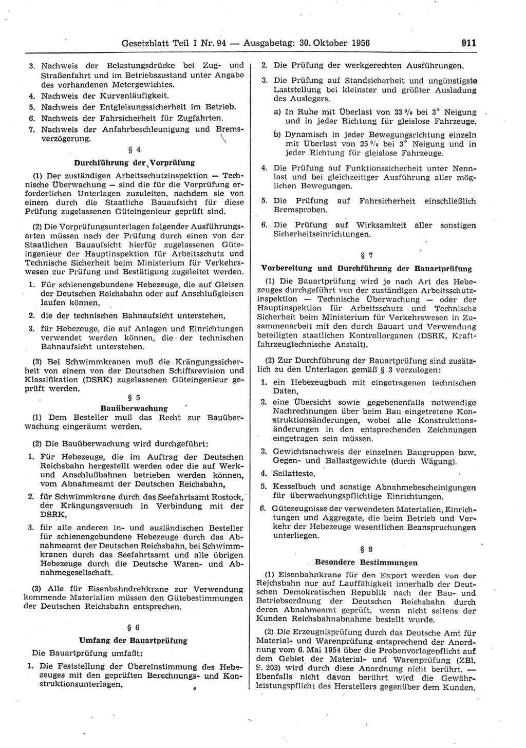 Gesetzblatt (GBl.) der Deutschen Demokratischen Republik (DDR) Teil Ⅰ 1956, Seite 911 (GBl. DDR Ⅰ 1956, S. 911)
