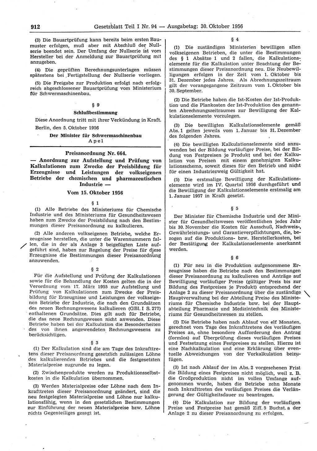Gesetzblatt (GBl.) der Deutschen Demokratischen Republik (DDR) Teil Ⅰ 1956, Seite 912 (GBl. DDR Ⅰ 1956, S. 912)