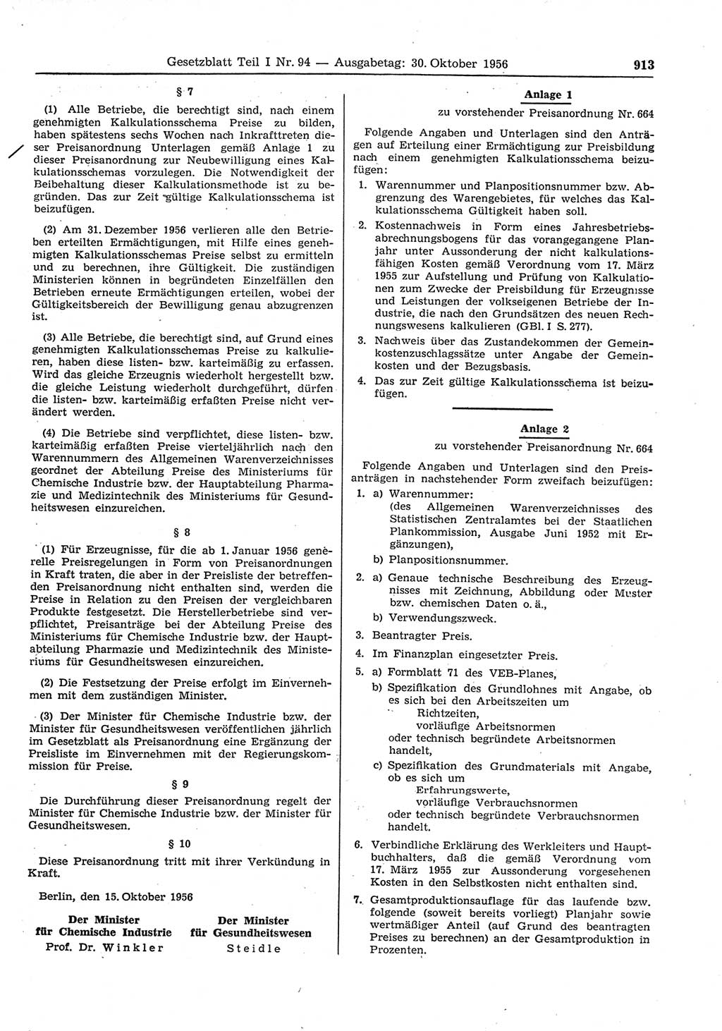 Gesetzblatt (GBl.) der Deutschen Demokratischen Republik (DDR) Teil Ⅰ 1956, Seite 913 (GBl. DDR Ⅰ 1956, S. 913)