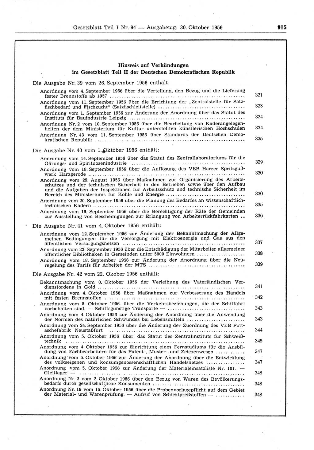 Gesetzblatt (GBl.) der Deutschen Demokratischen Republik (DDR) Teil Ⅰ 1956, Seite 915 (GBl. DDR Ⅰ 1956, S. 915)