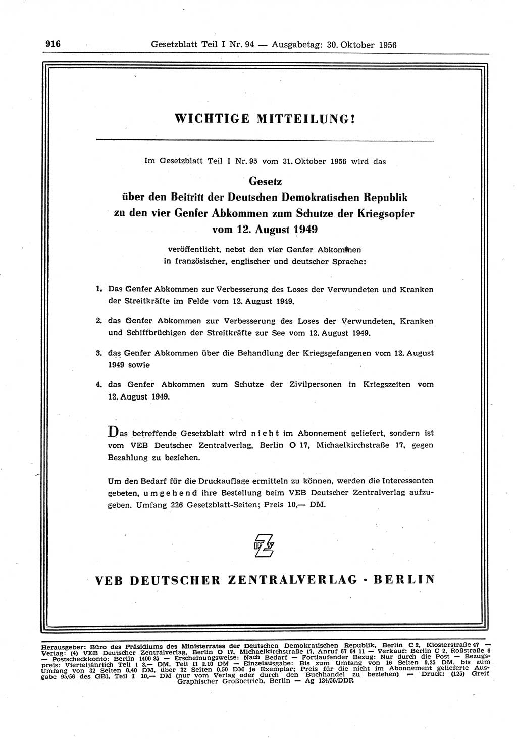 Gesetzblatt (GBl.) der Deutschen Demokratischen Republik (DDR) Teil Ⅰ 1956, Seite 916 (GBl. DDR Ⅰ 1956, S. 916)