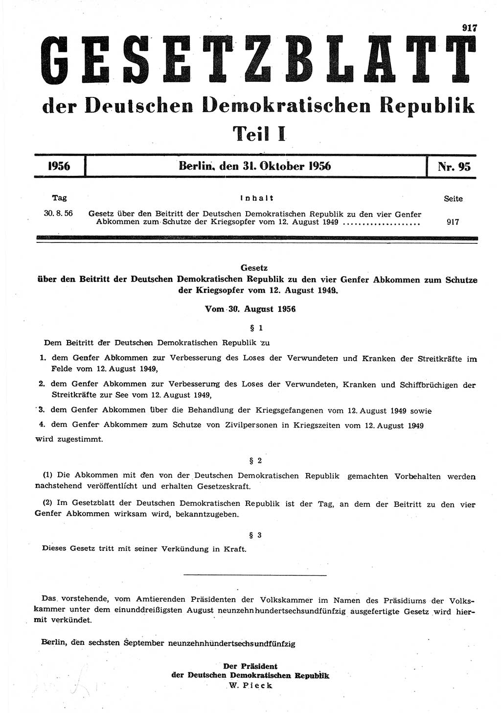 Gesetzblatt (GBl.) der Deutschen Demokratischen Republik (DDR) Teil Ⅰ 1956, Seite 917 (GBl. DDR Ⅰ 1956, S. 917)