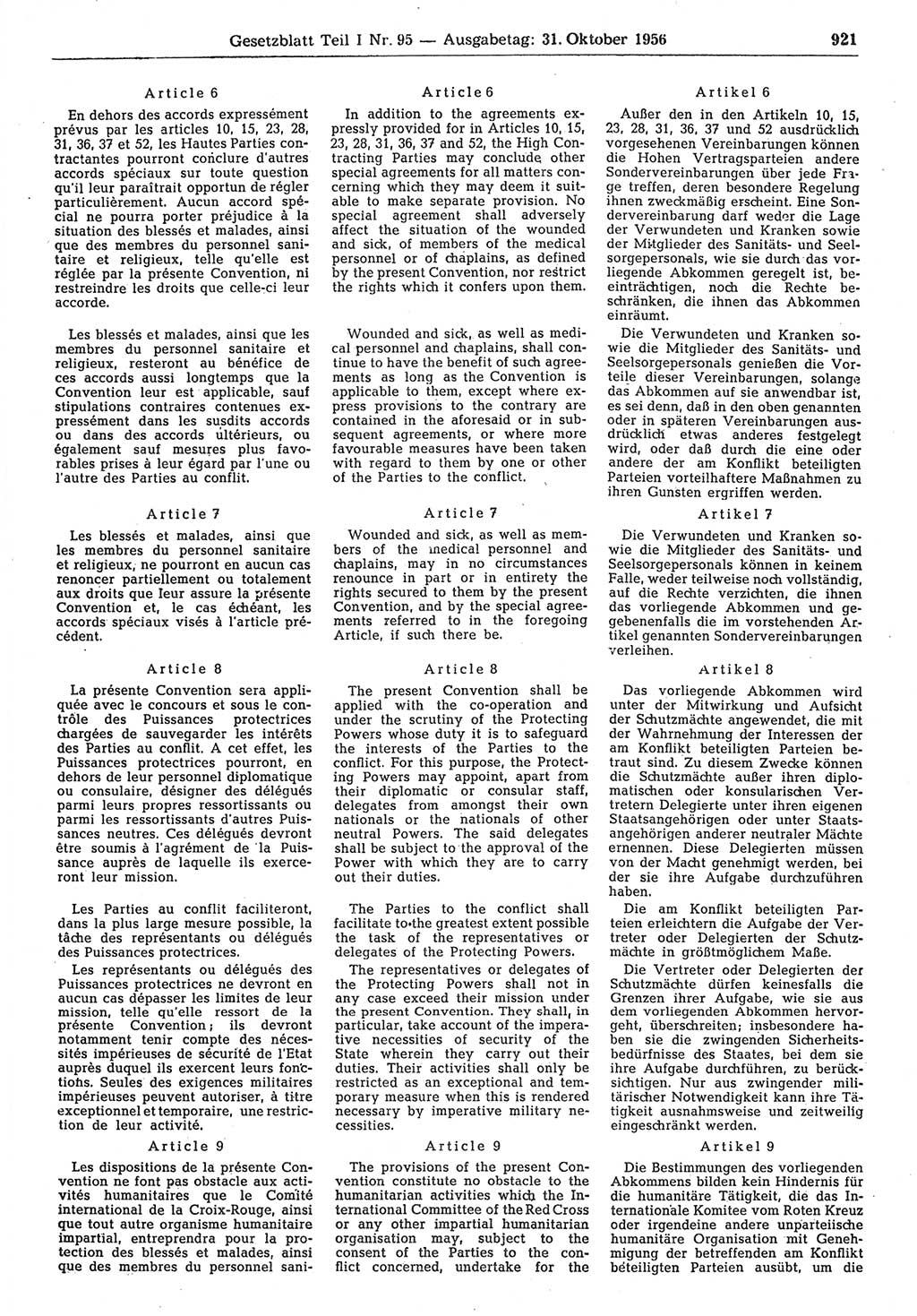 Gesetzblatt (GBl.) der Deutschen Demokratischen Republik (DDR) Teil Ⅰ 1956, Seite 921 (GBl. DDR Ⅰ 1956, S. 921)
