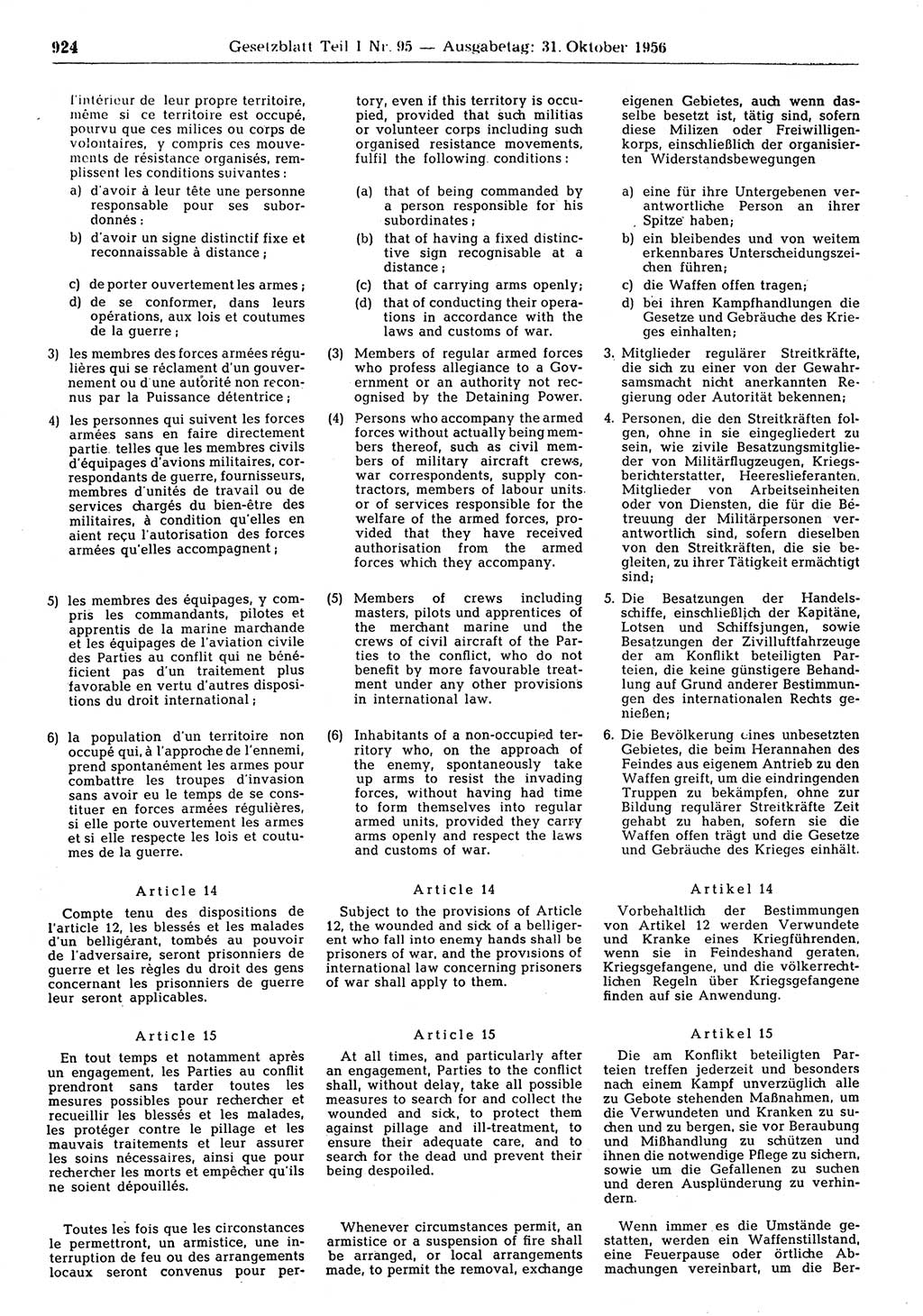 Gesetzblatt (GBl.) der Deutschen Demokratischen Republik (DDR) Teil Ⅰ 1956, Seite 924 (GBl. DDR Ⅰ 1956, S. 924)