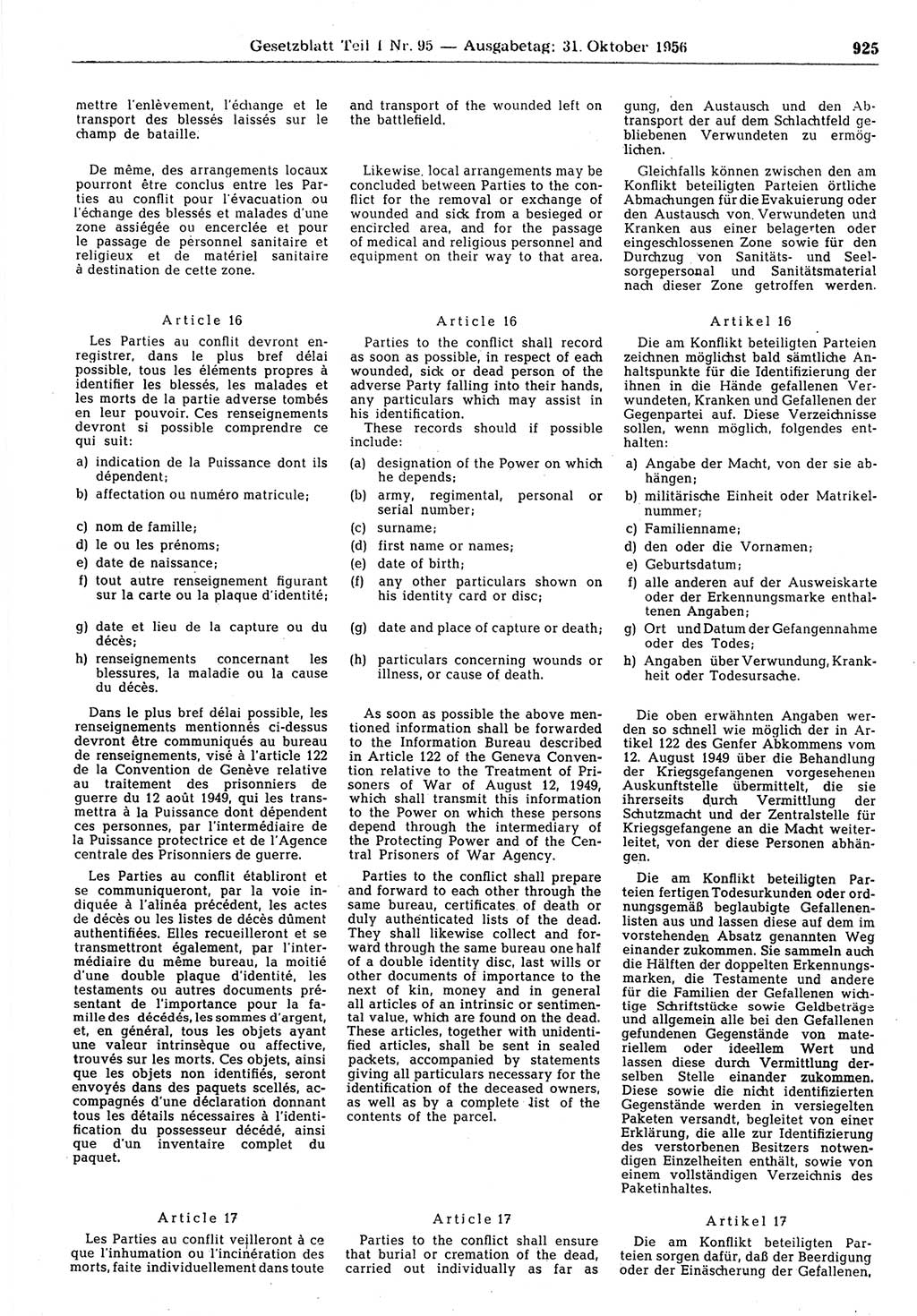 Gesetzblatt (GBl.) der Deutschen Demokratischen Republik (DDR) Teil Ⅰ 1956, Seite 925 (GBl. DDR Ⅰ 1956, S. 925)