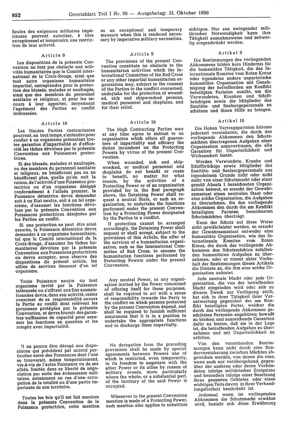 Gesetzblatt (GBl.) der Deutschen Demokratischen Republik (DDR) Teil Ⅰ 1956, Seite 952 (GBl. DDR Ⅰ 1956, S. 952)