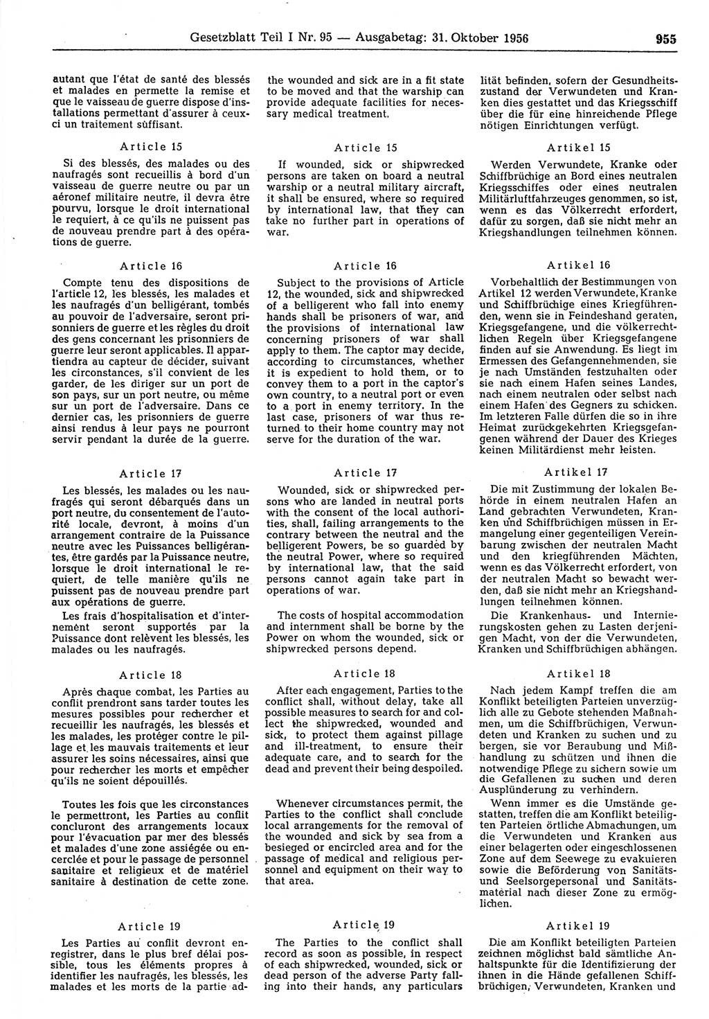 Gesetzblatt (GBl.) der Deutschen Demokratischen Republik (DDR) Teil Ⅰ 1956, Seite 955 (GBl. DDR Ⅰ 1956, S. 955)