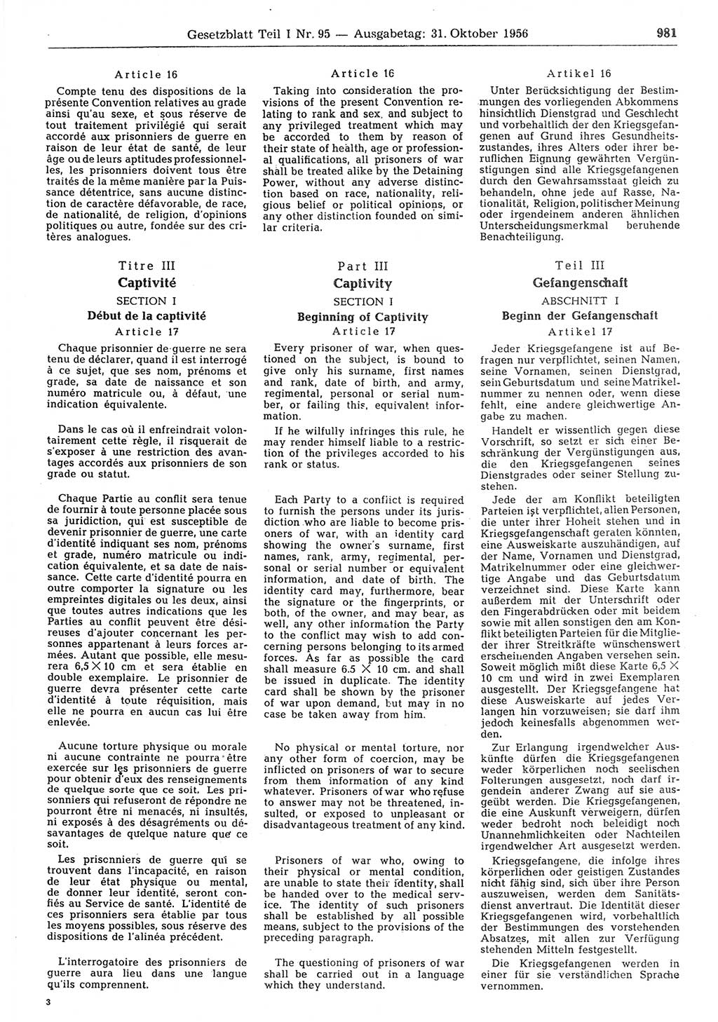 Gesetzblatt (GBl.) der Deutschen Demokratischen Republik (DDR) Teil Ⅰ 1956, Seite 981 (GBl. DDR Ⅰ 1956, S. 981)